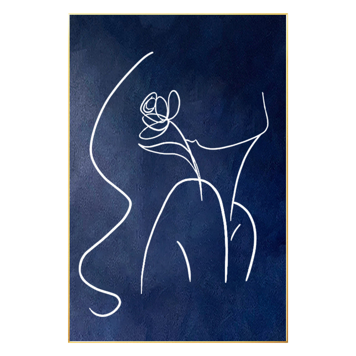 Navy blue woman line art painting on a vertical canvas