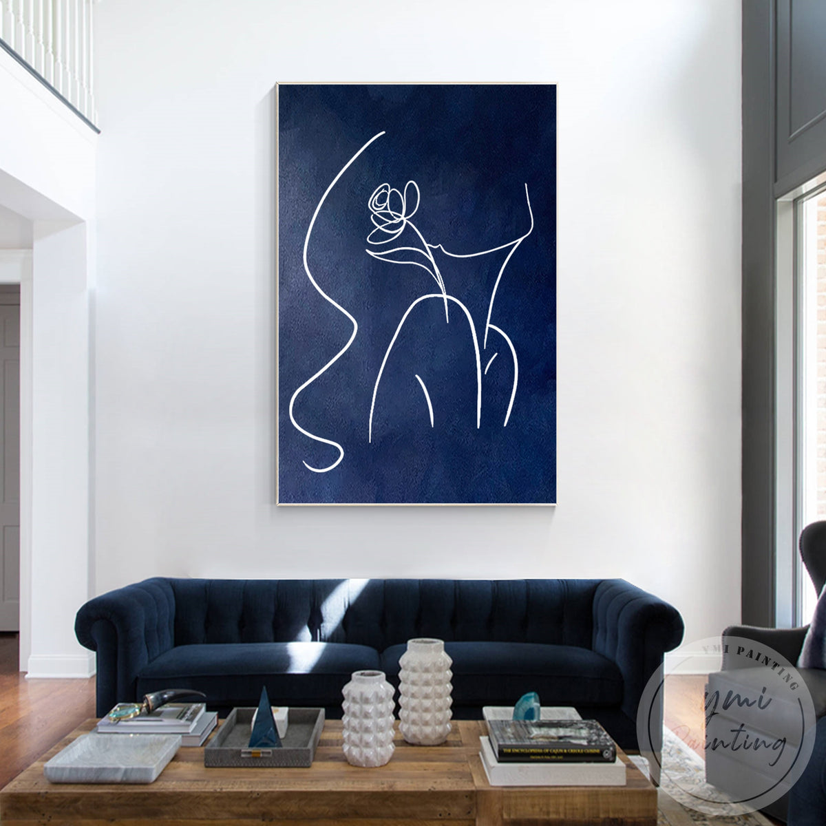 Extra large vertical woman line art canvas in navy blue