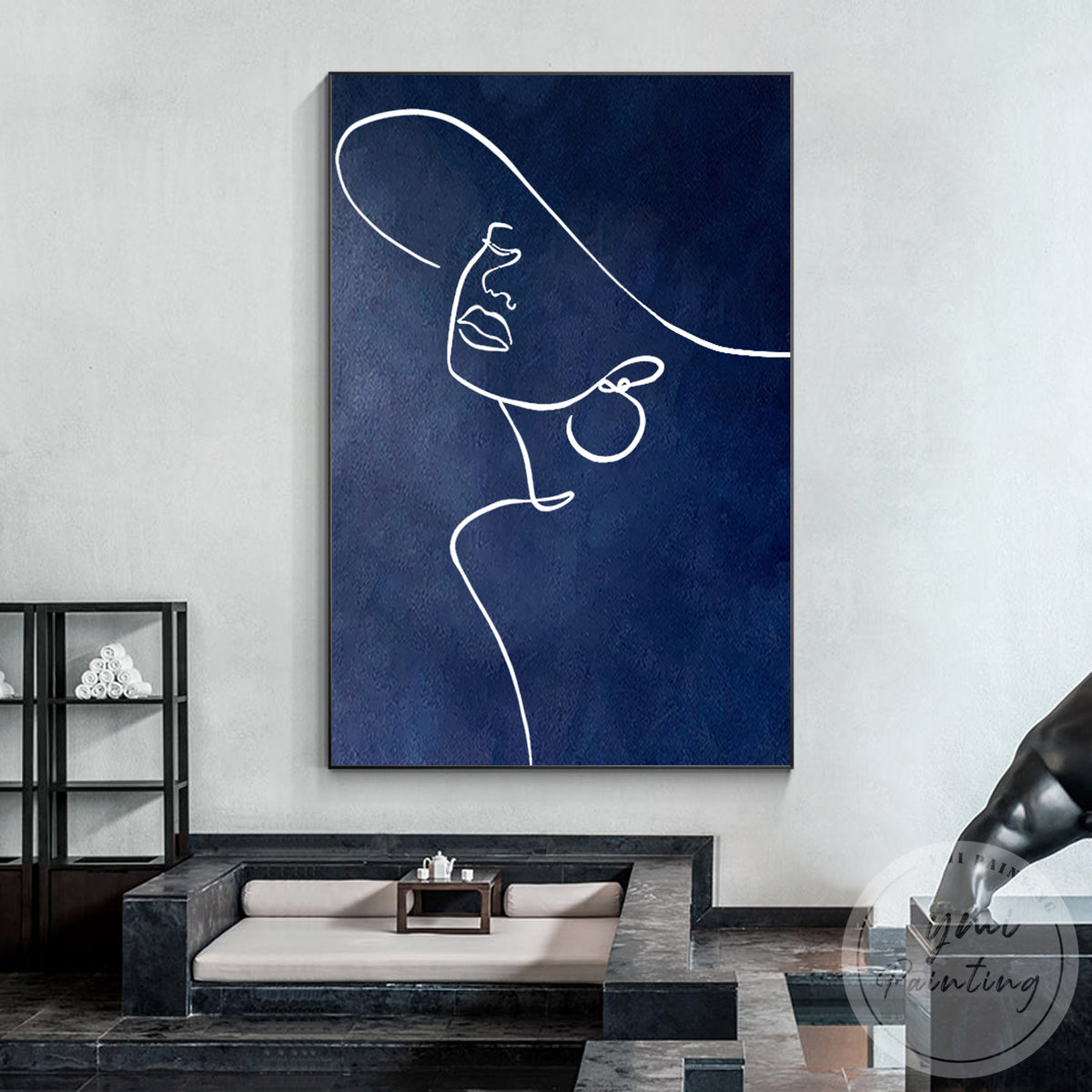Navy blue feminine abstract painting for bedroom wall decor