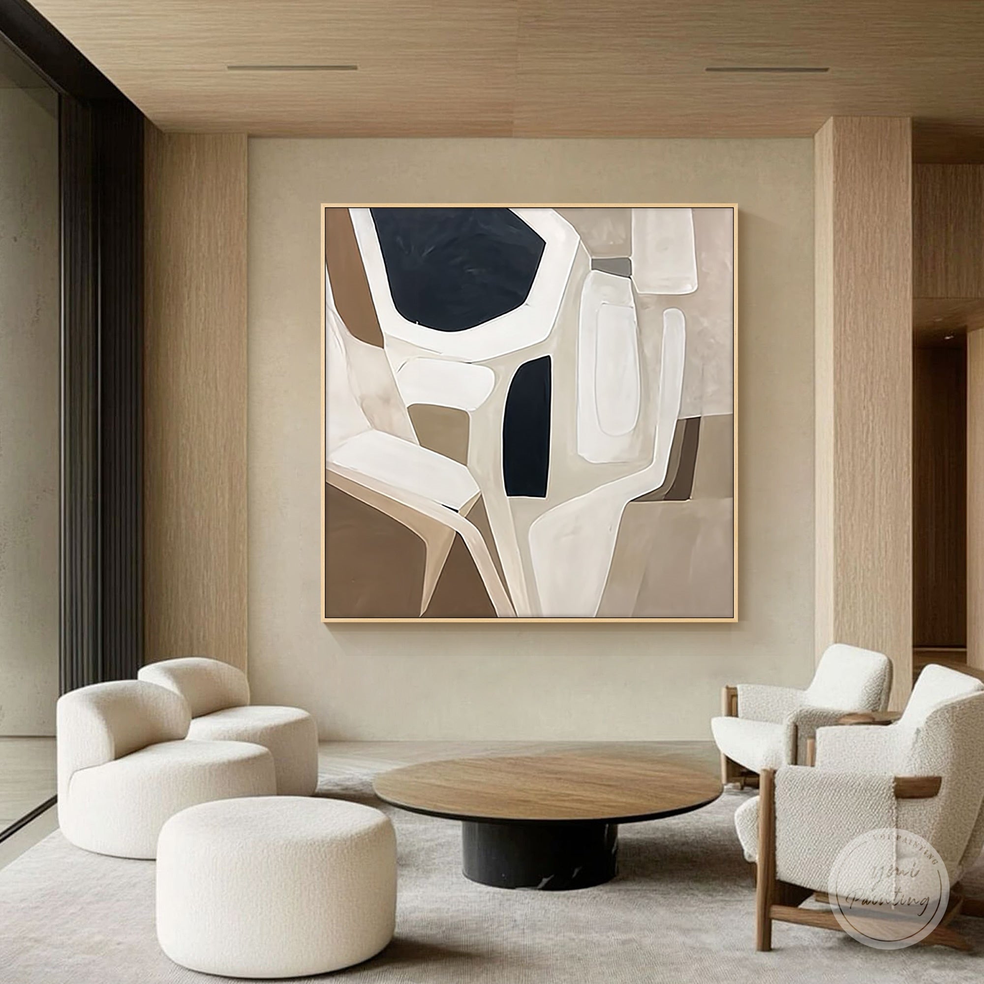 Abstract neutral painting in stylish modern office with clean design aesthetic