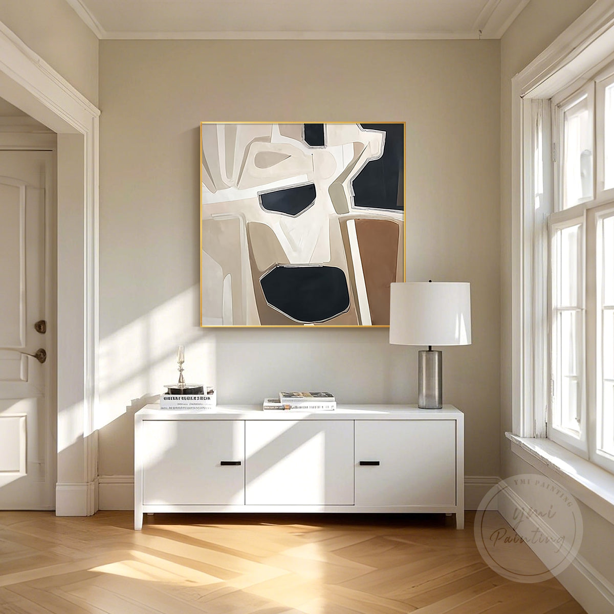 Neutral geometric abstract canvas with layered shapes, side angle