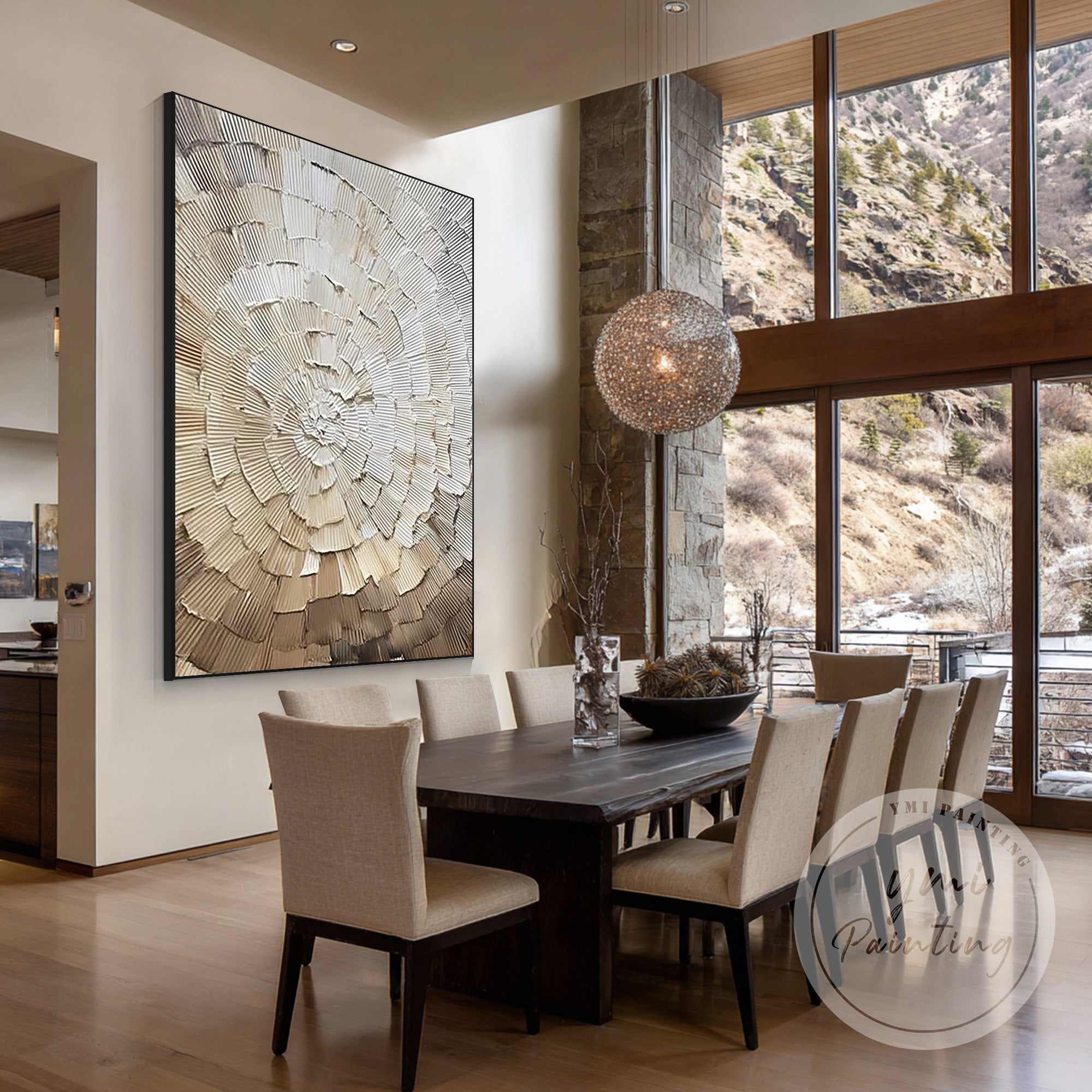 Abstract beige textured painting with circular relief design
