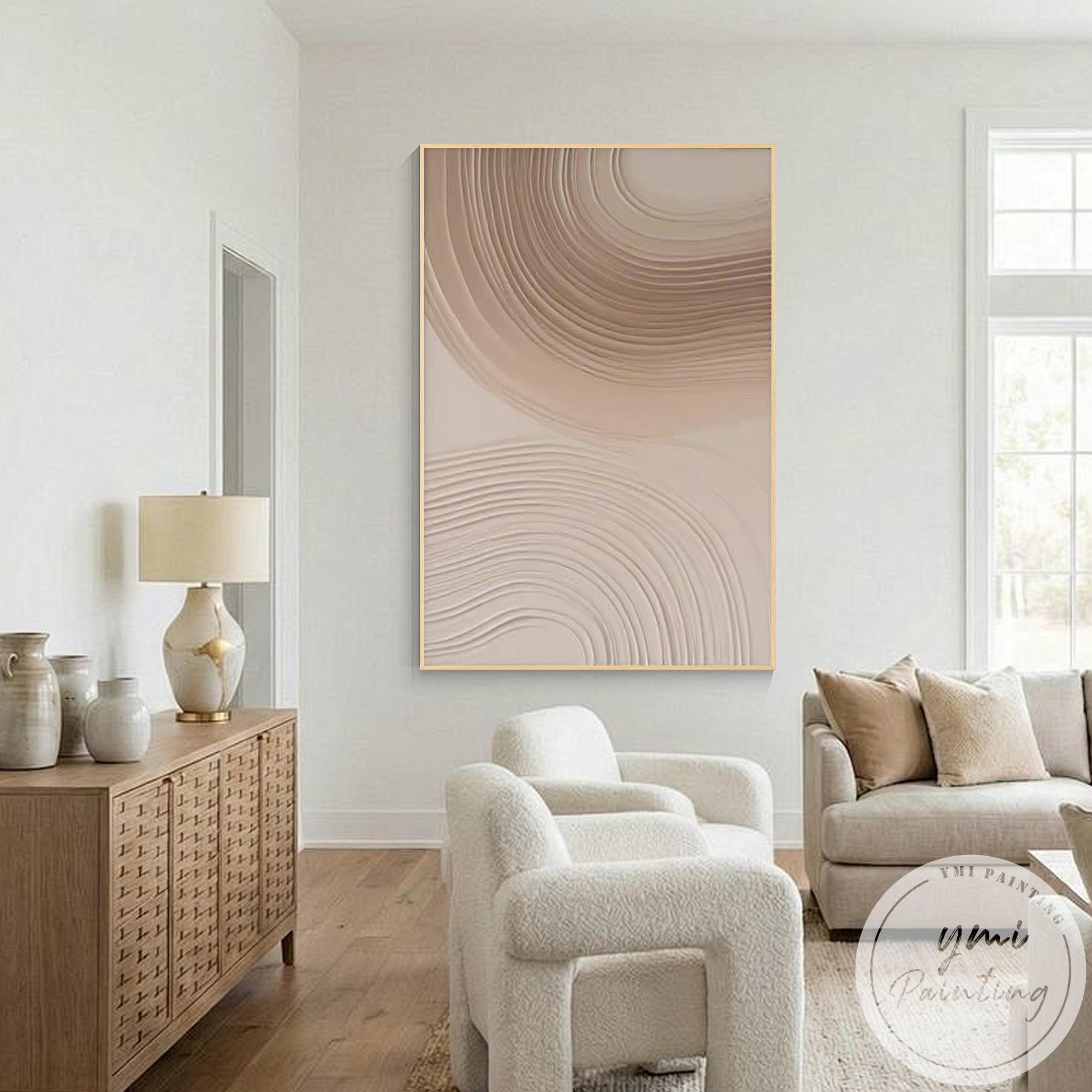 Large modern beige textured canvas art for bedroom wall