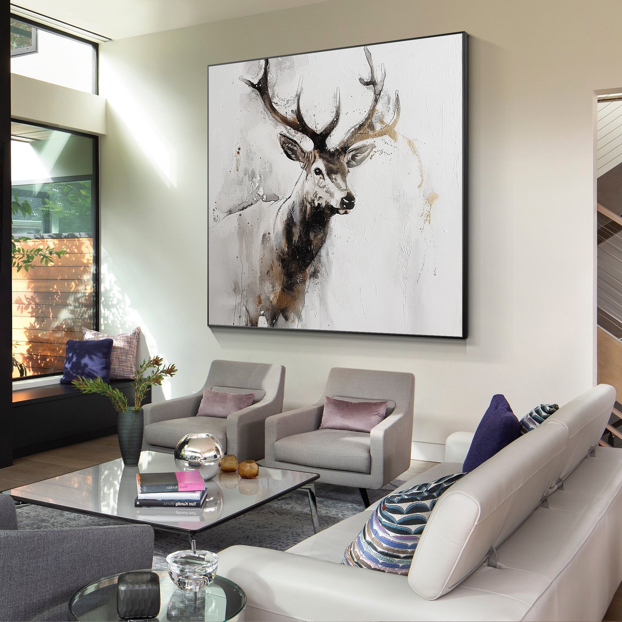 Deer painting in neutral tones with textured surface and earth-tone splashes, evoking peaceful movement.