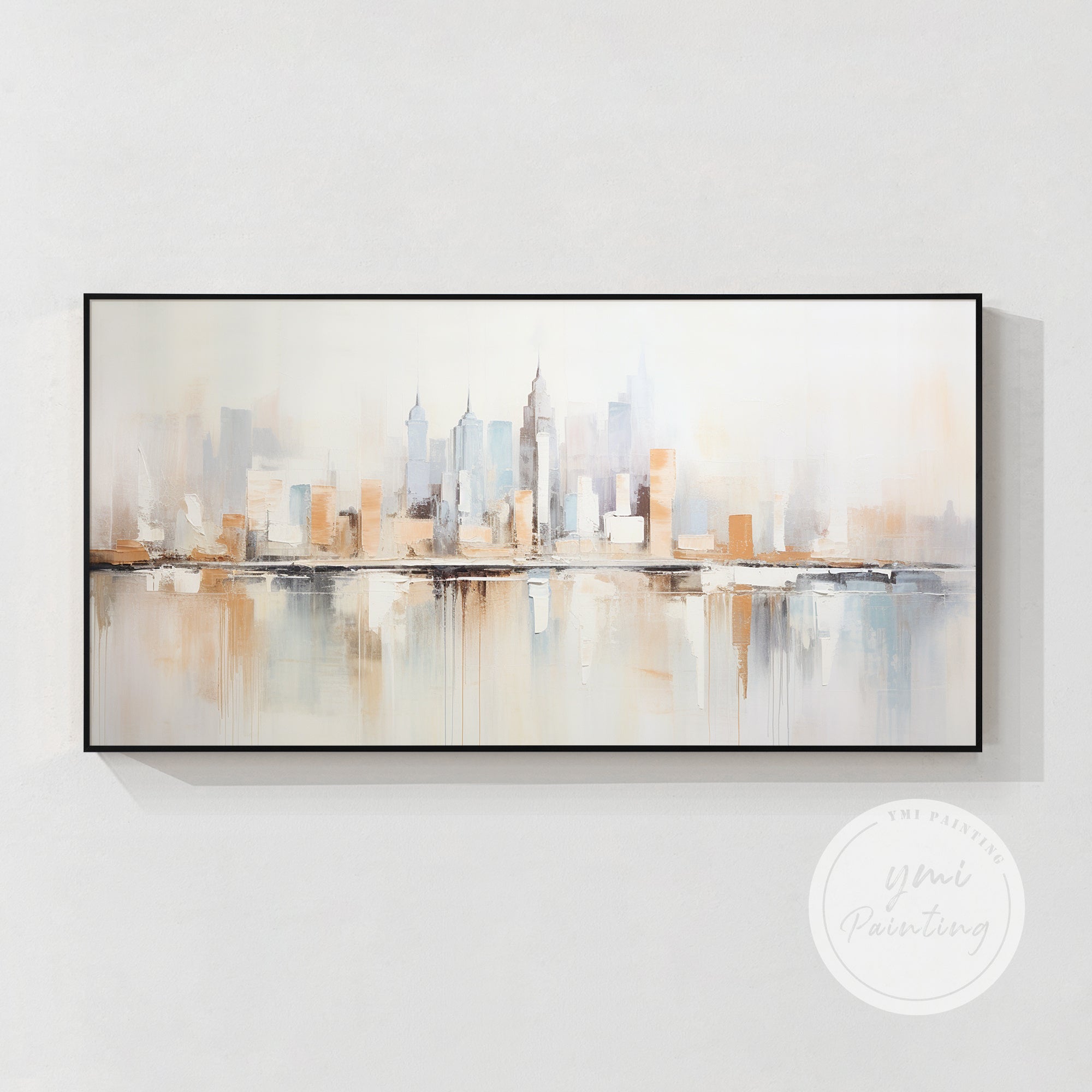 New York skyline abstract painting in neutral tones above sofa wall decor