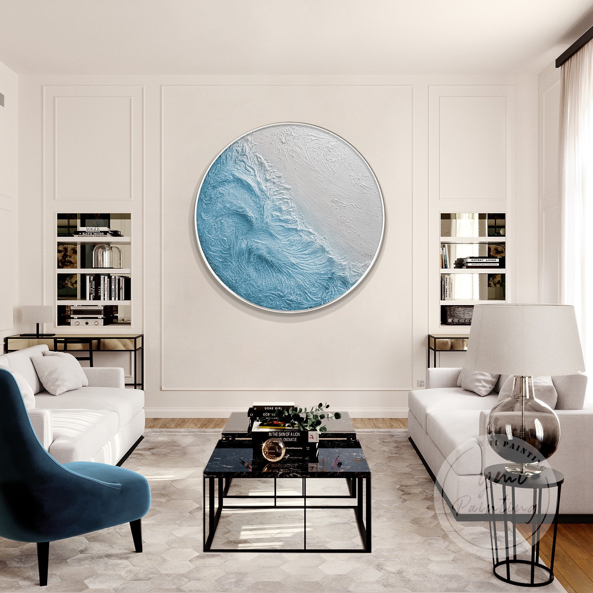 Round oil painting with layers of blue and gray, creating a calming atmosphere