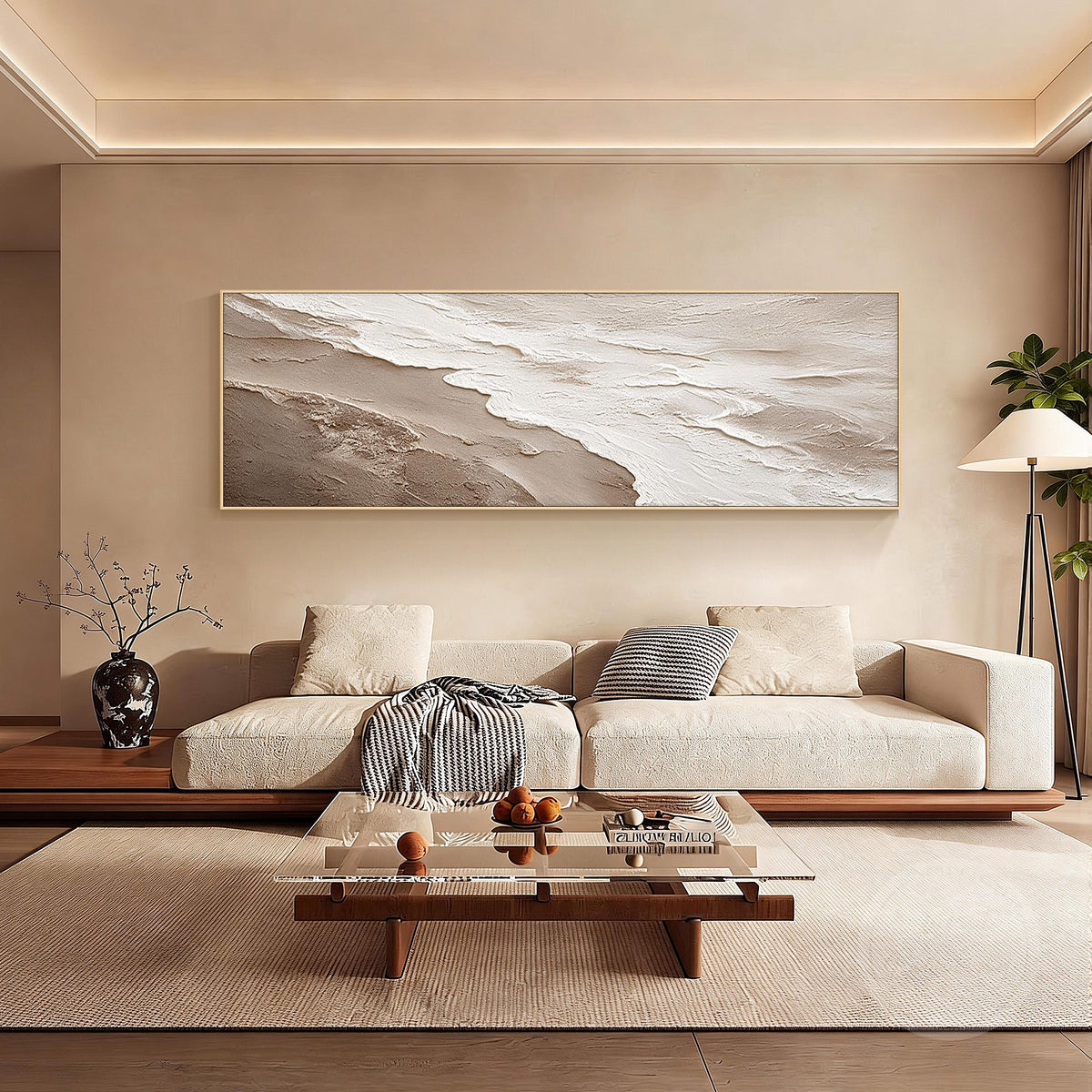 Organic coastal abstract wall art with sand taupe and creamy white layers