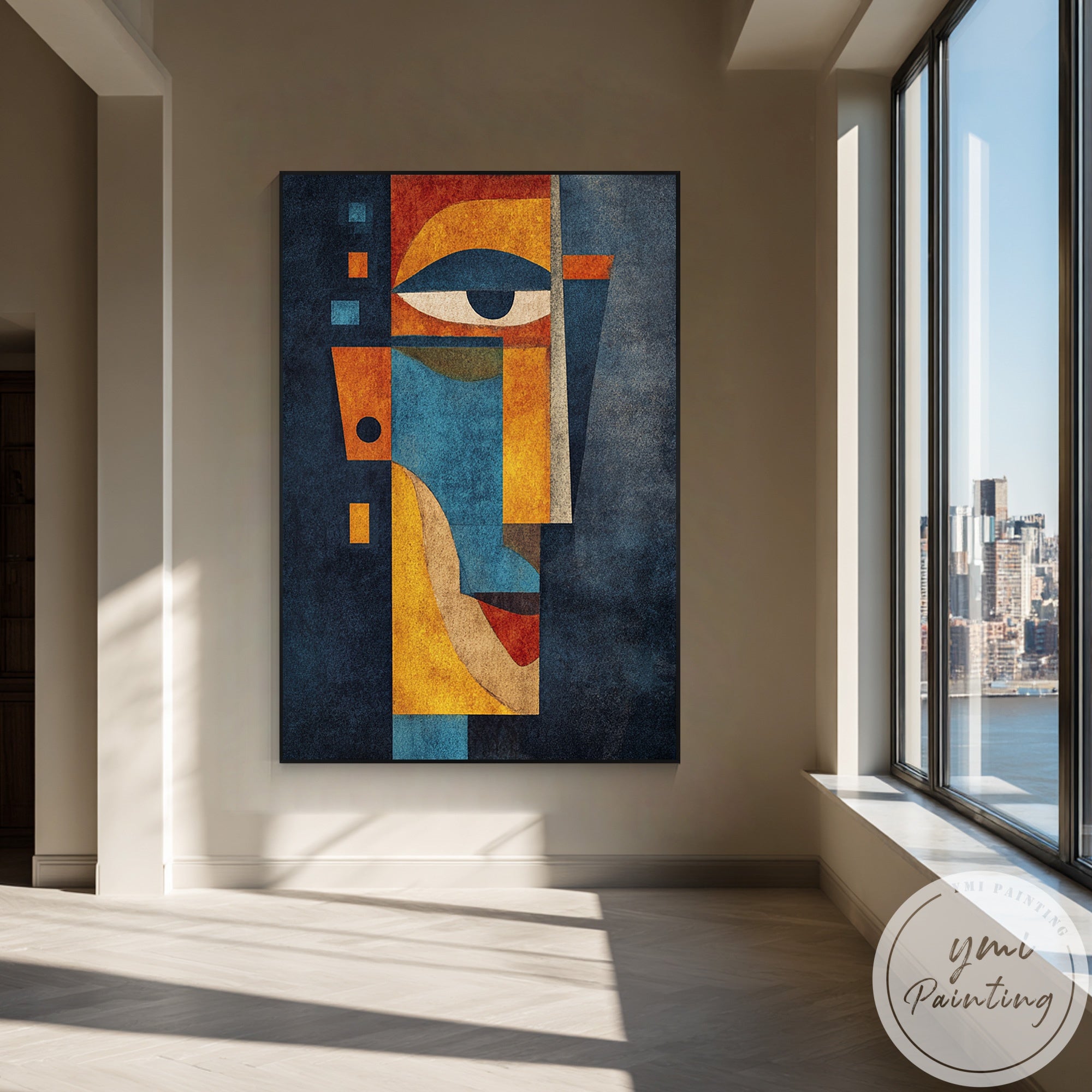 Handmade blue yellow textured abstract modern canvas artwork