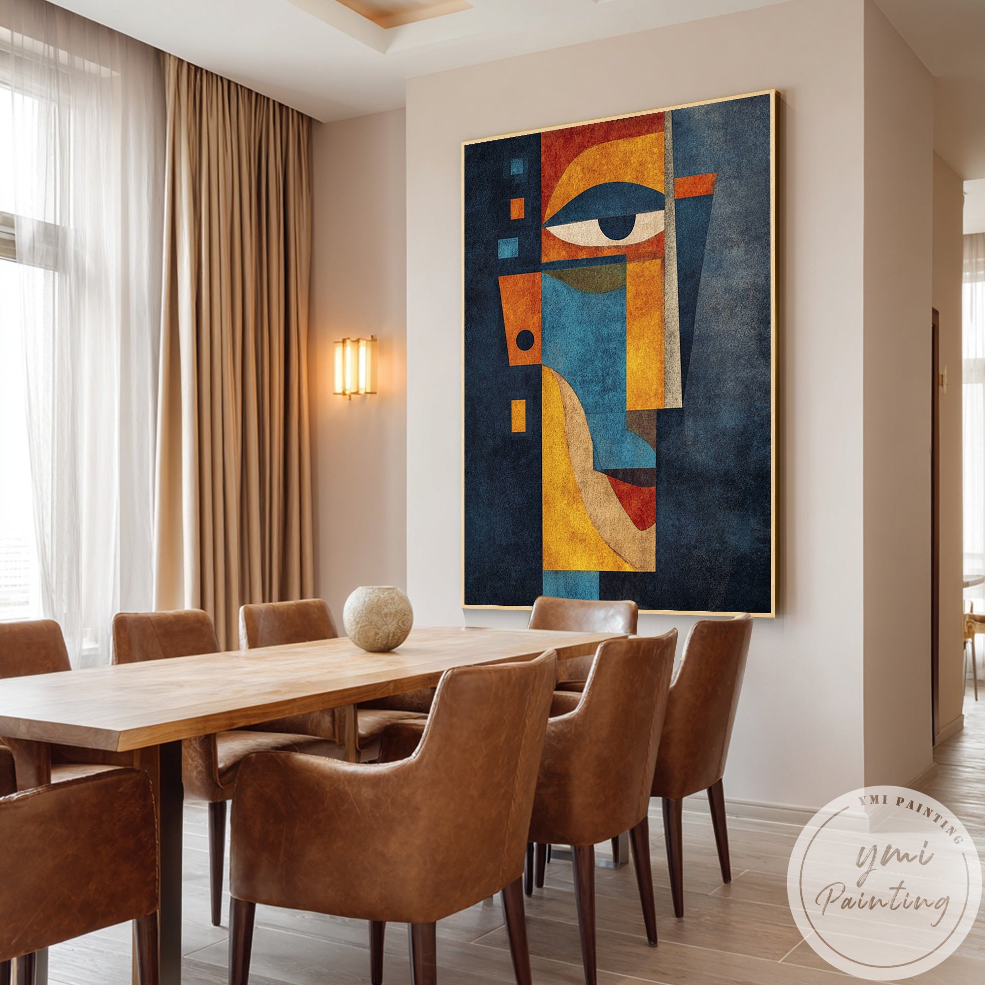 Geometric abstract face art with bold color contrast canvas