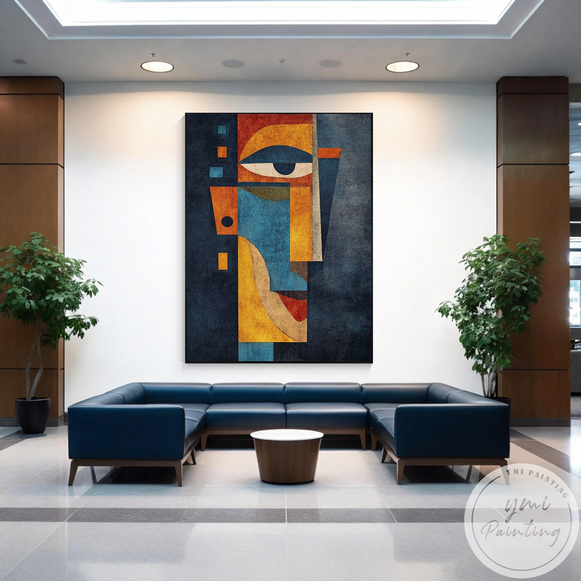 Modern textured wall art in blue and yellow abstract design