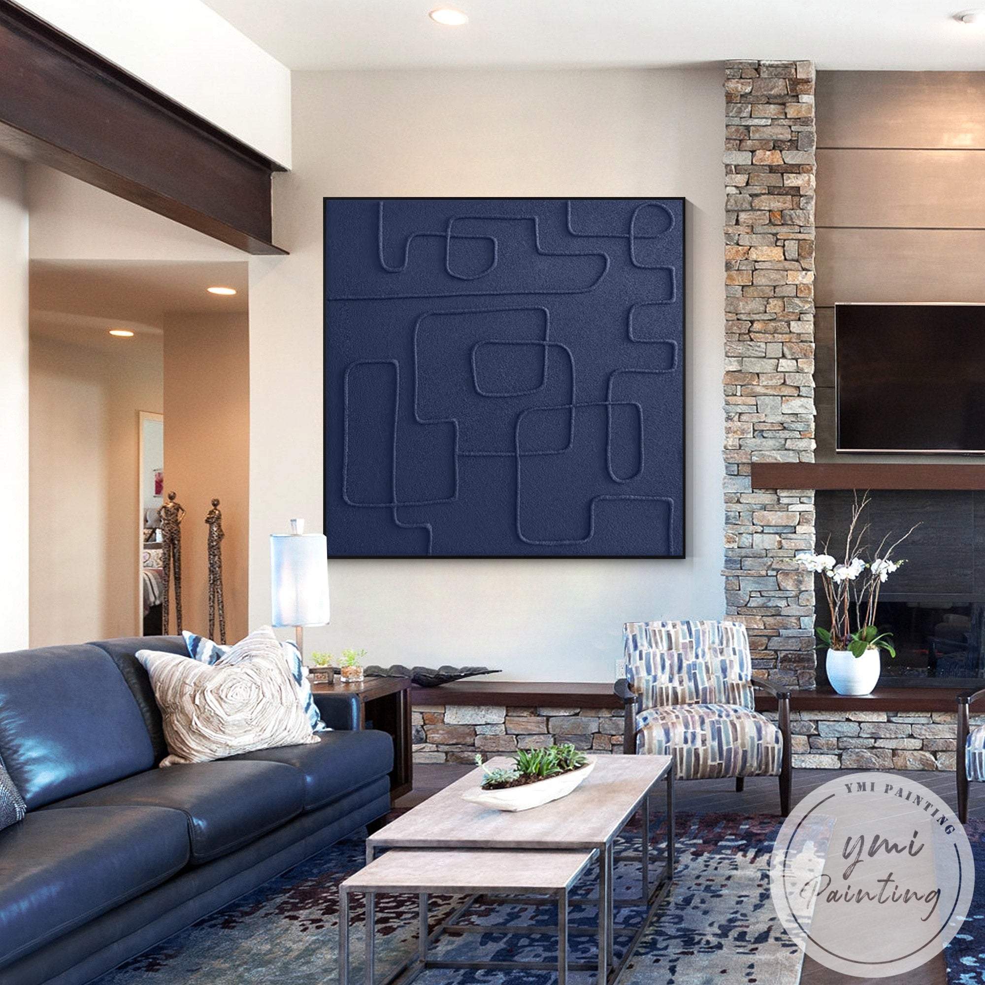 Minimalist navy blue canvas painting for elegant home interior decor