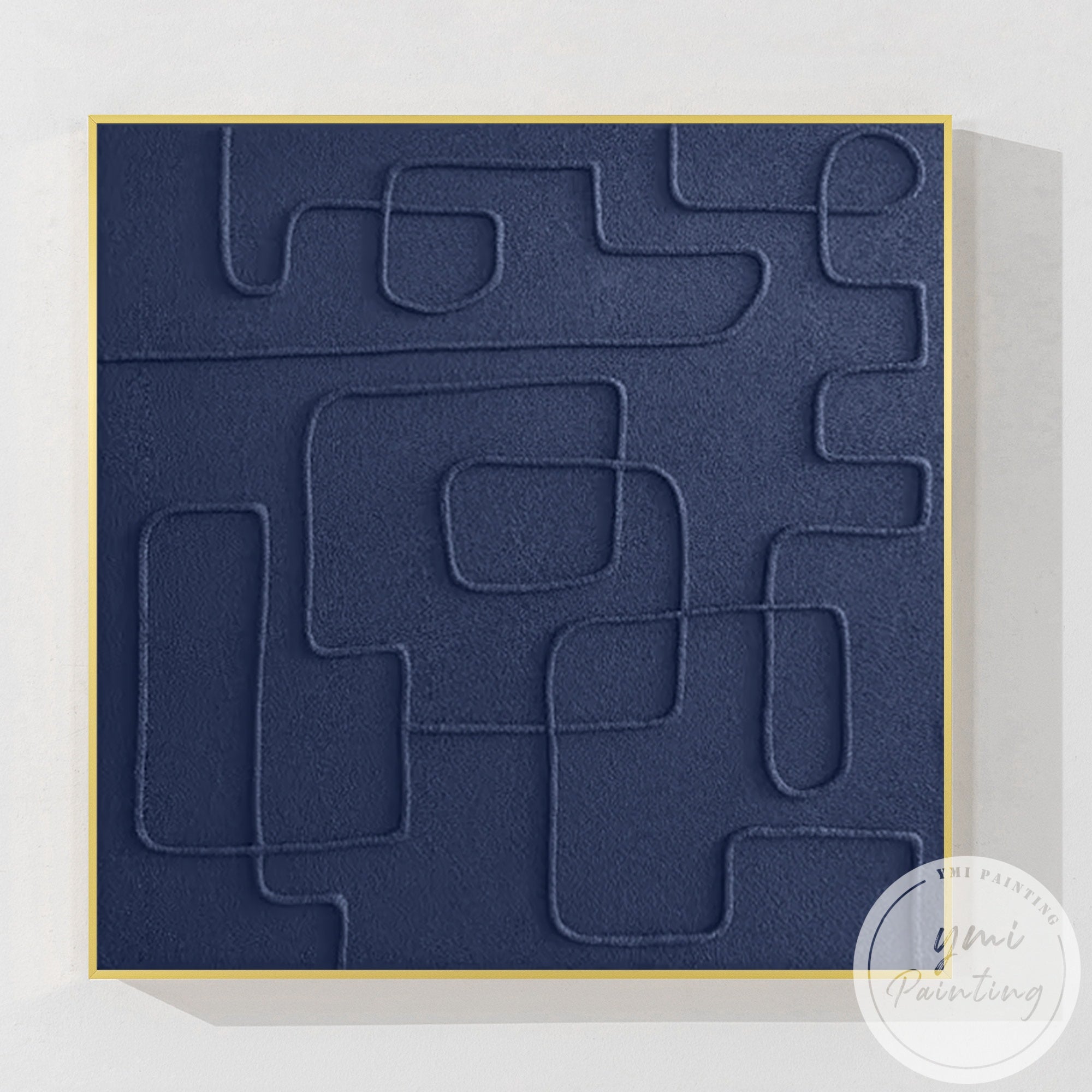 Contemporary framed wall art in navy blue minimalist aesthetic