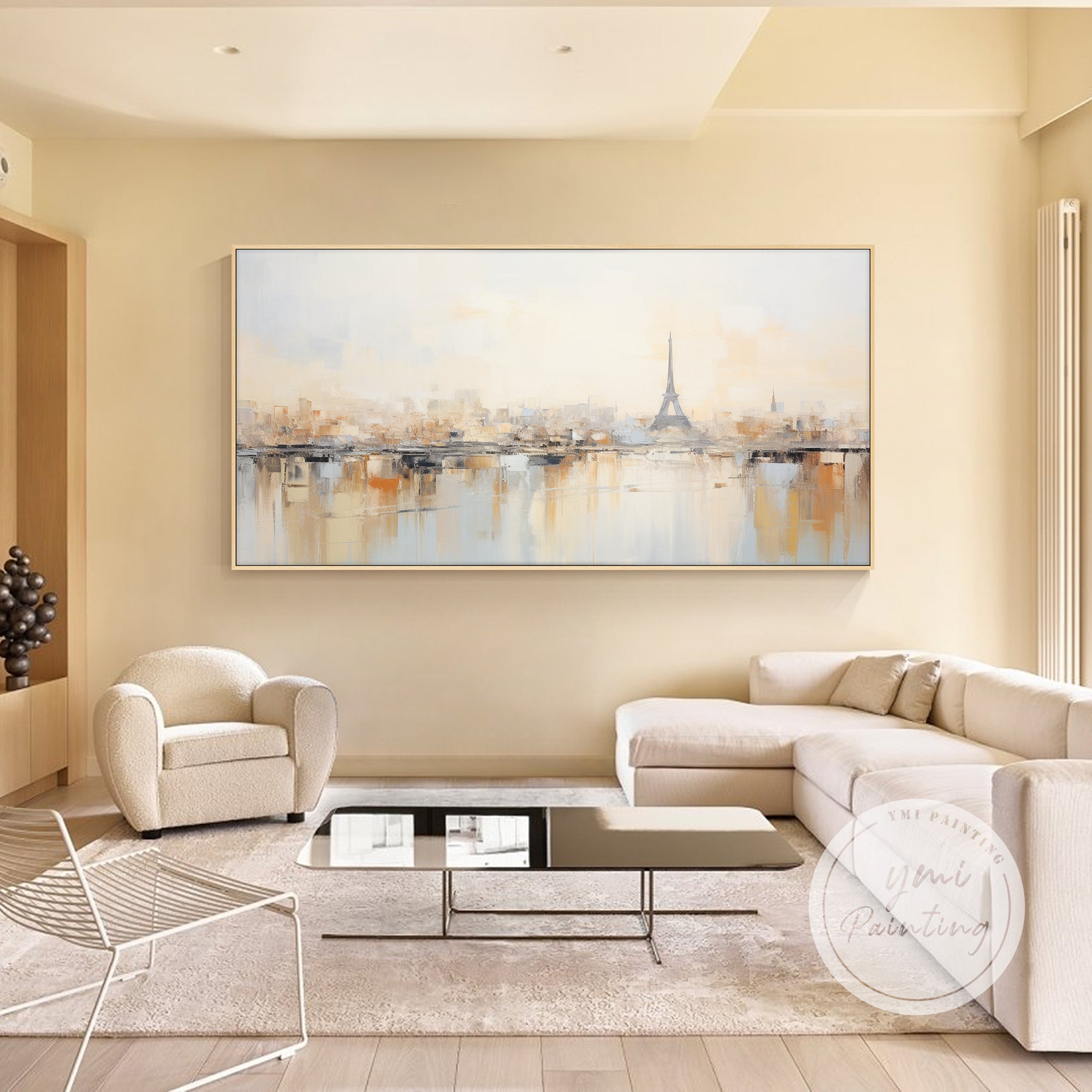 Paris skyline abstract painting in neutral tones above sofa wall decor