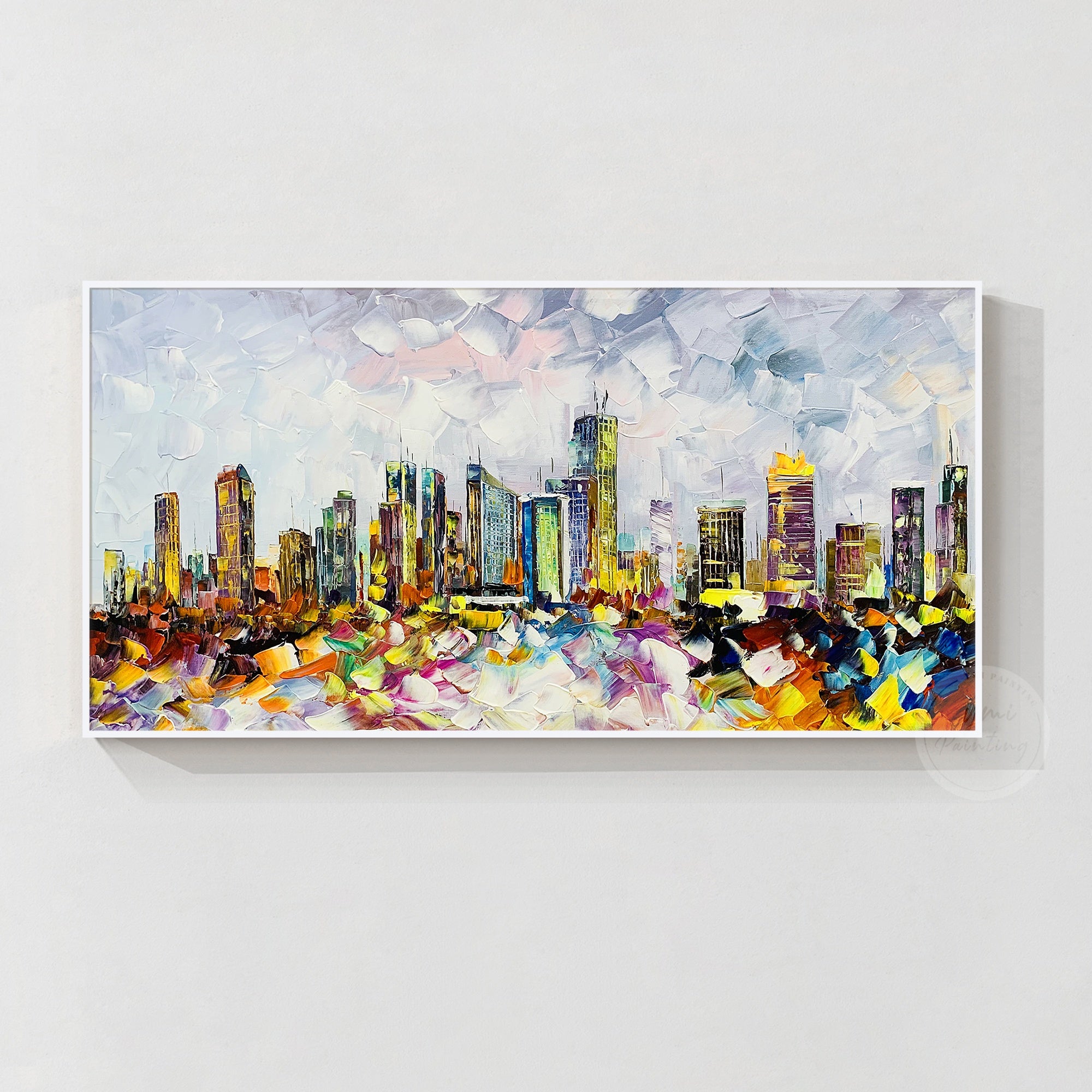 Original Philadelphia city art featuring a vibrant skyline, acrylic painting texture, and handmade canvas details