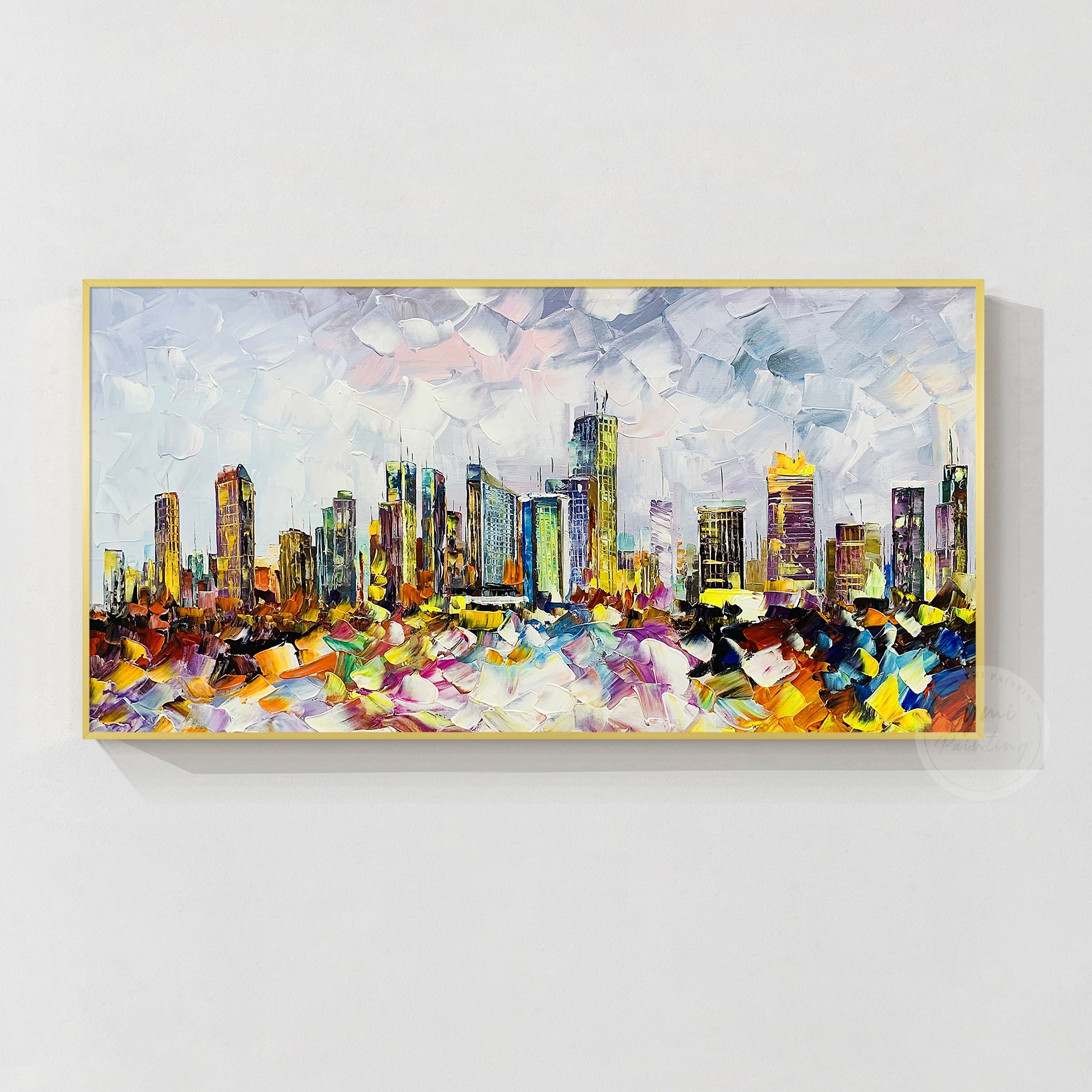 Textured Philadelphia wall art with palette knife acrylic technique and modern urban landscape design