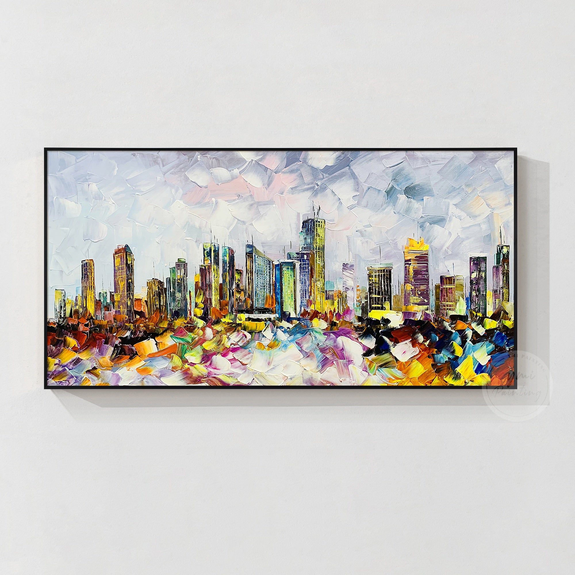 Philadelphia skyline painting with textured palette knife strokes and modern cityscape wall art design