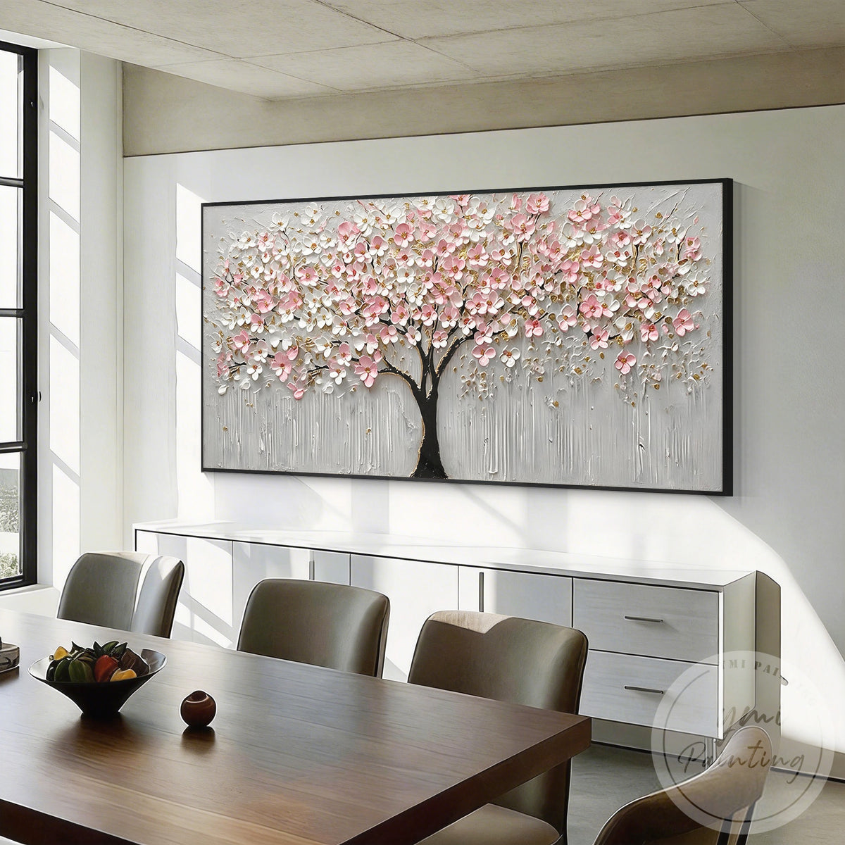 Textured pink flower tree painting on canvas for spring home decor