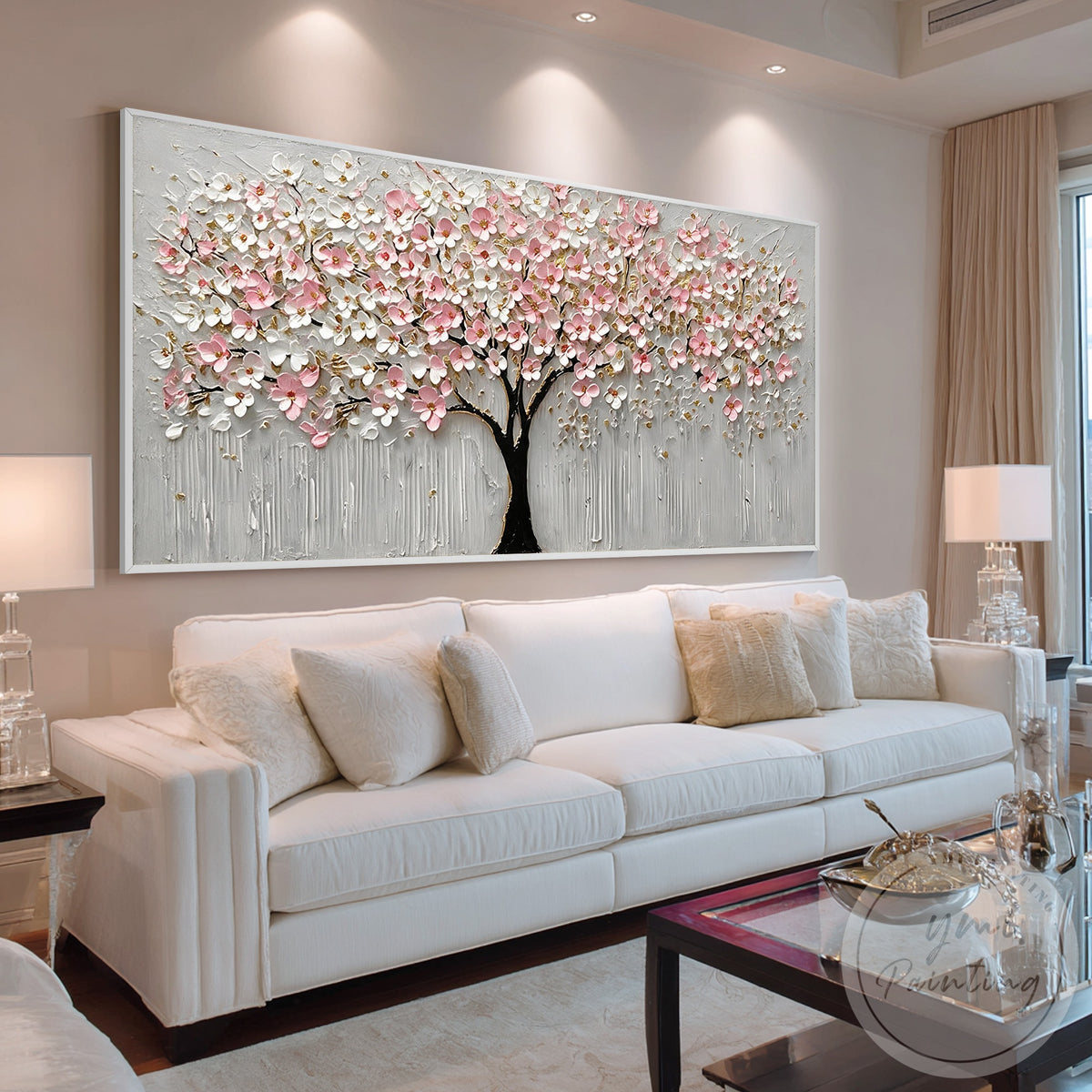 Hand-painted cherry blossom artwork with delicate pink flowers