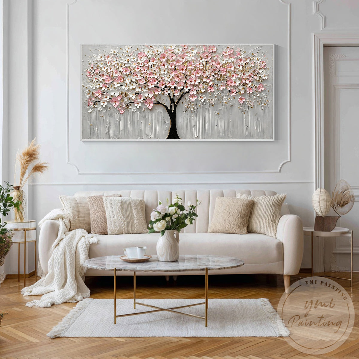 Pink flowering tree canvas wall art for modern living room decor
