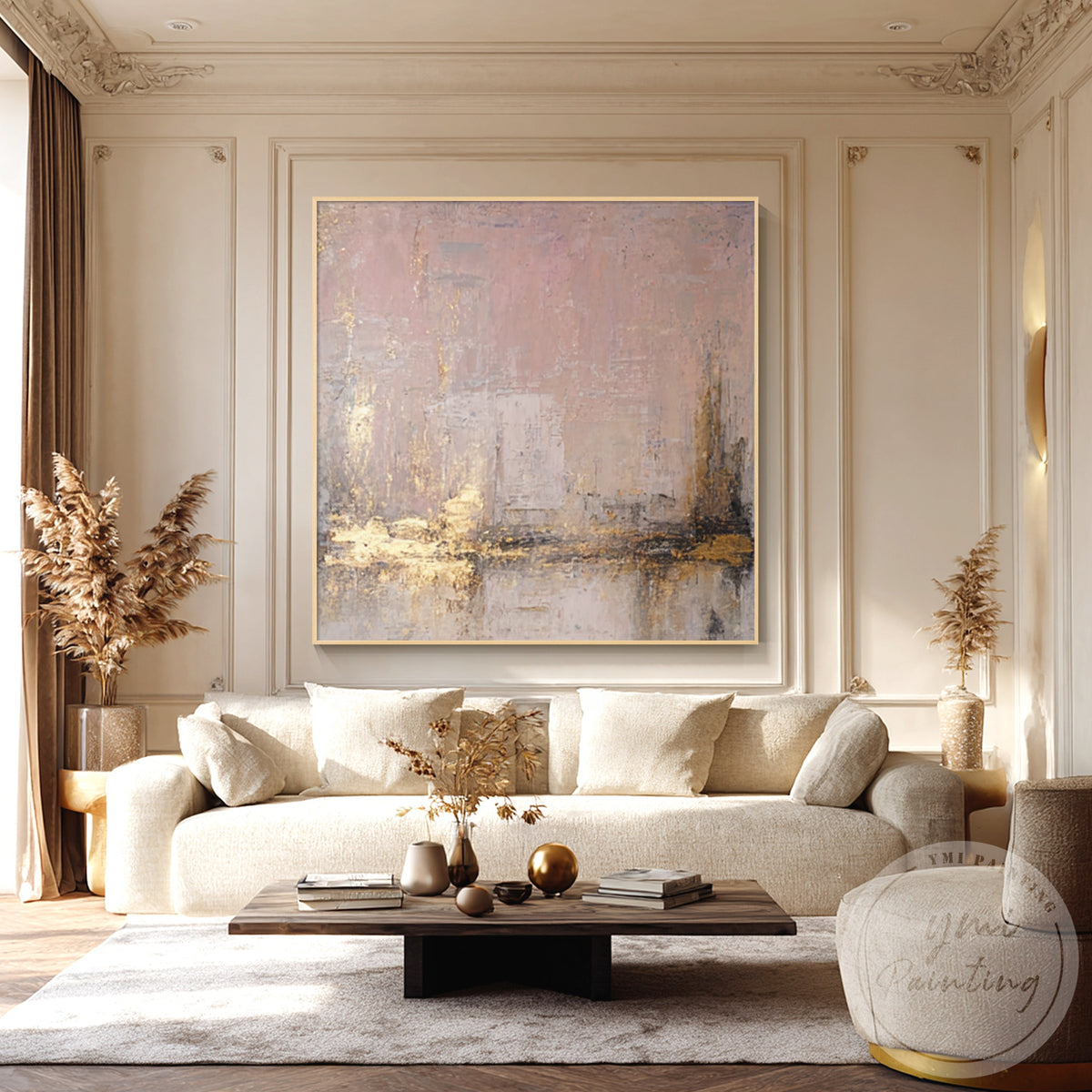 Elegant neutral abstract painting in soft pink taupe and gold tones