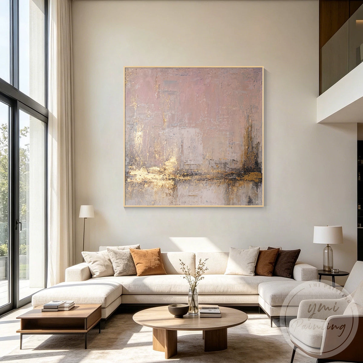 Textured pink and gold canvas wall decor for a modern living room