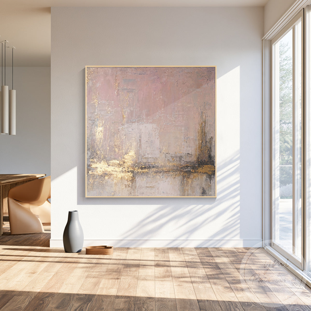 Dusty rose abstract wall art for an elegant contemporary bedroom