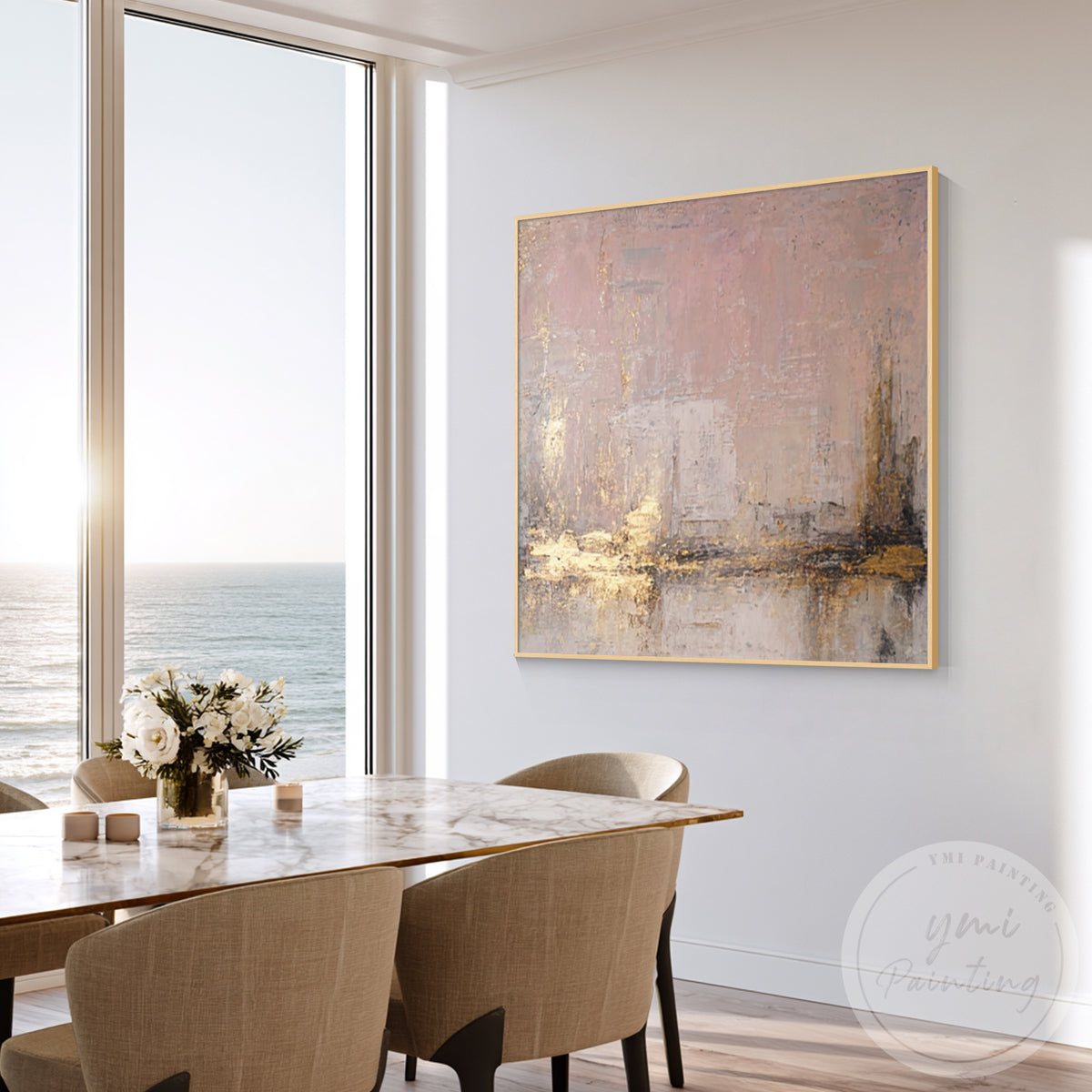 Contemporary pink gold wall art with raised hand-painted texture