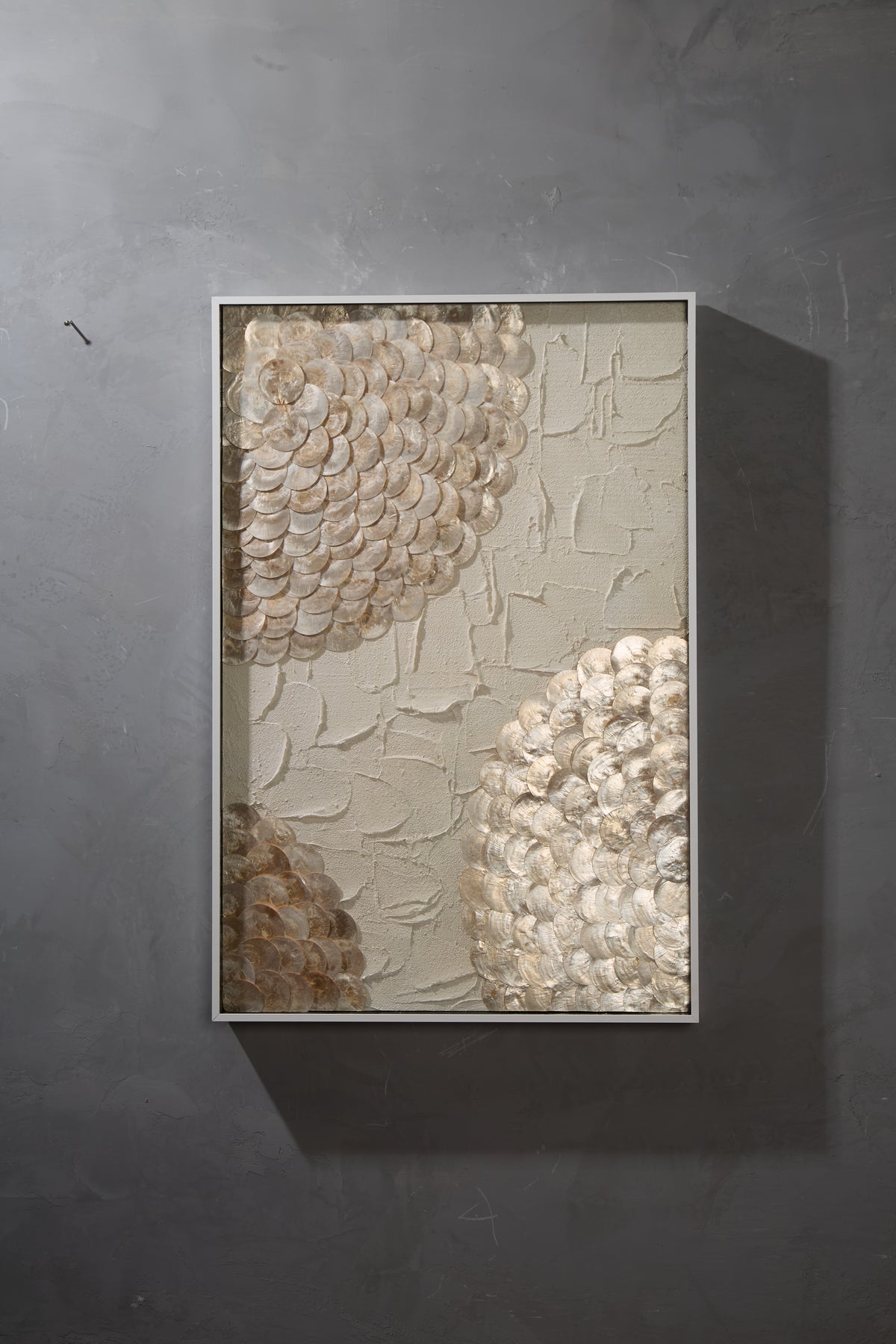 Coastal Capiz shell artwork in creamy beige and gold, three-dimensional shadowbox with acrylic protection.