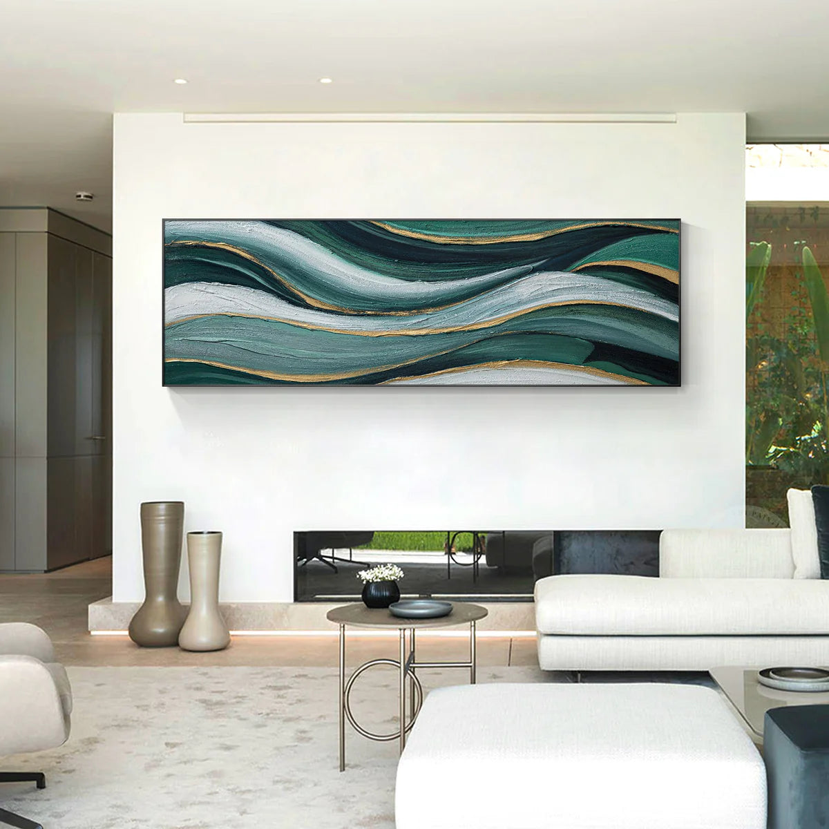 long narrow teal gold abstract art