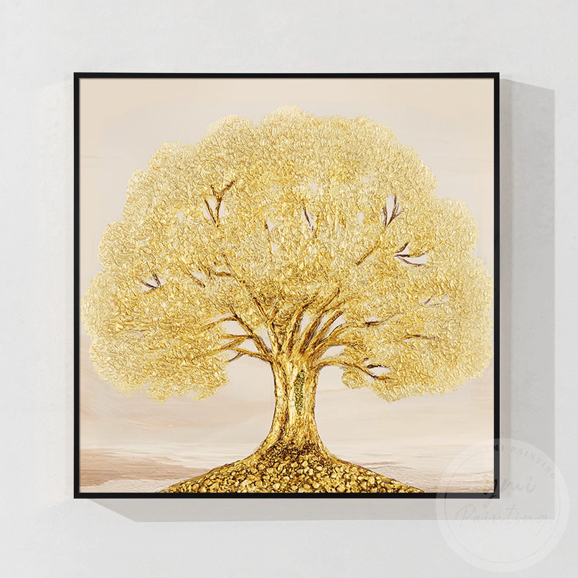 Elegant hand-painted oil painting of a golden life tree with soft textures and refined golden leaf details with a black frame.