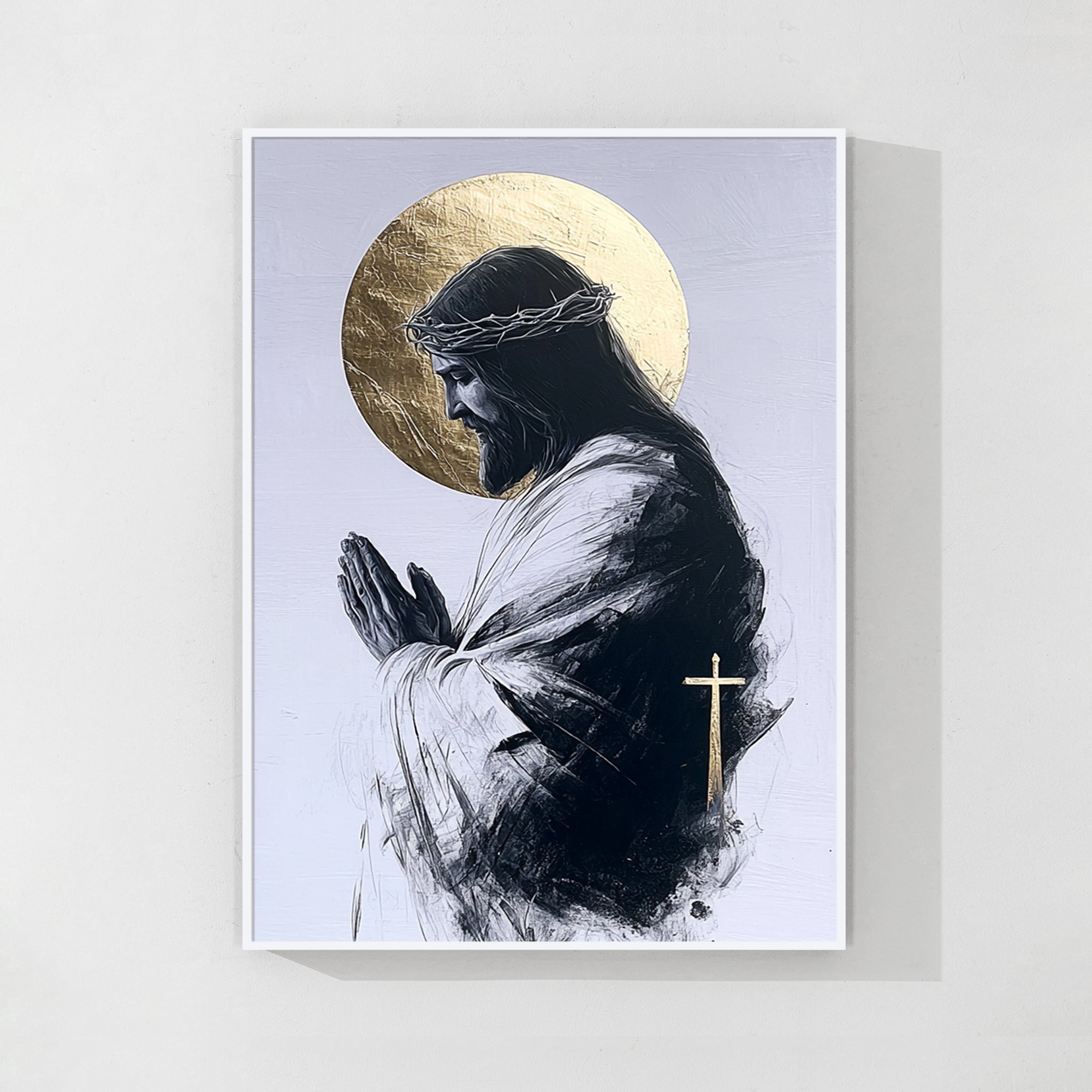 jesus wall art with gold halo on white wall interior