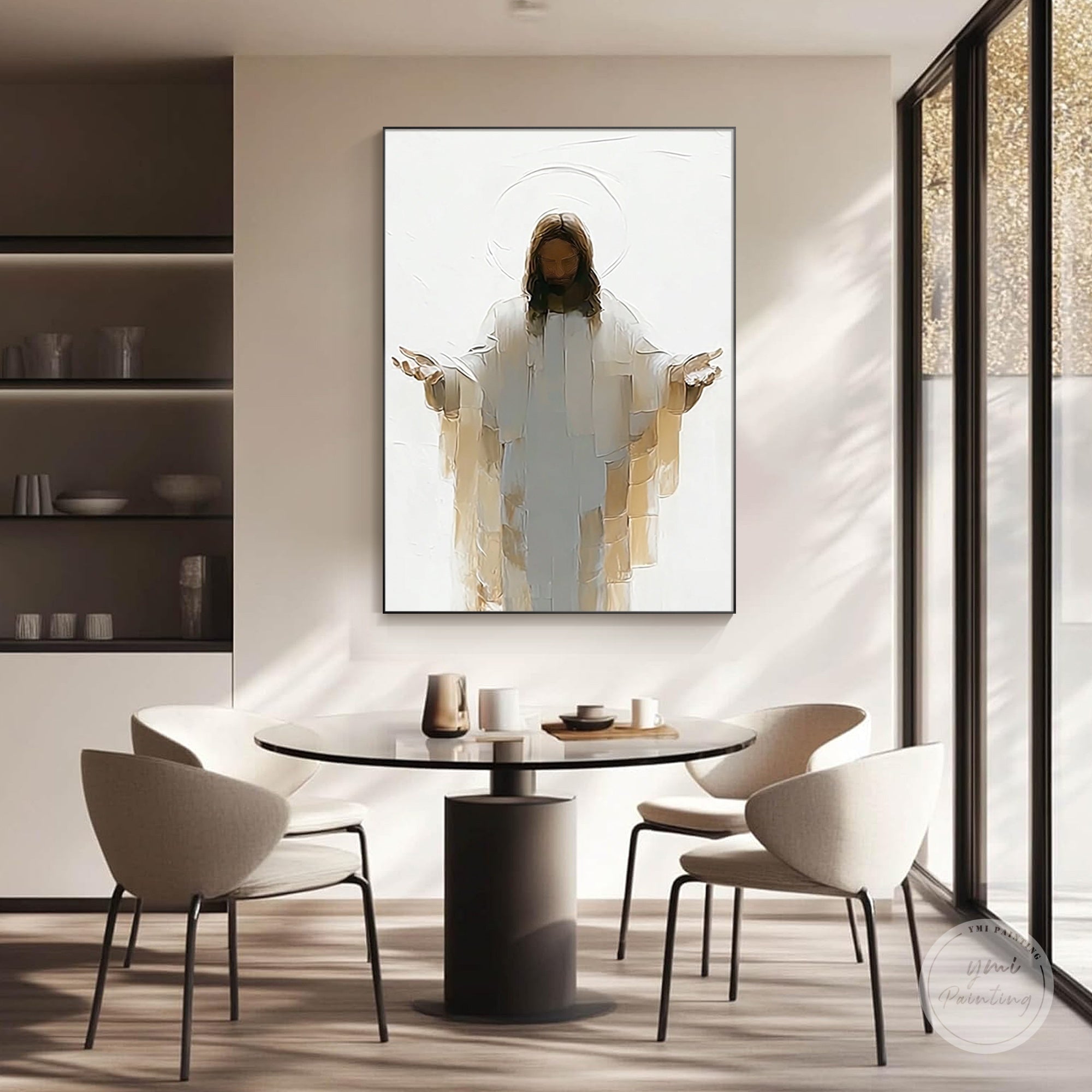arte de parede de Jesus pintada à mão tons neutros sala de estar contemporânea