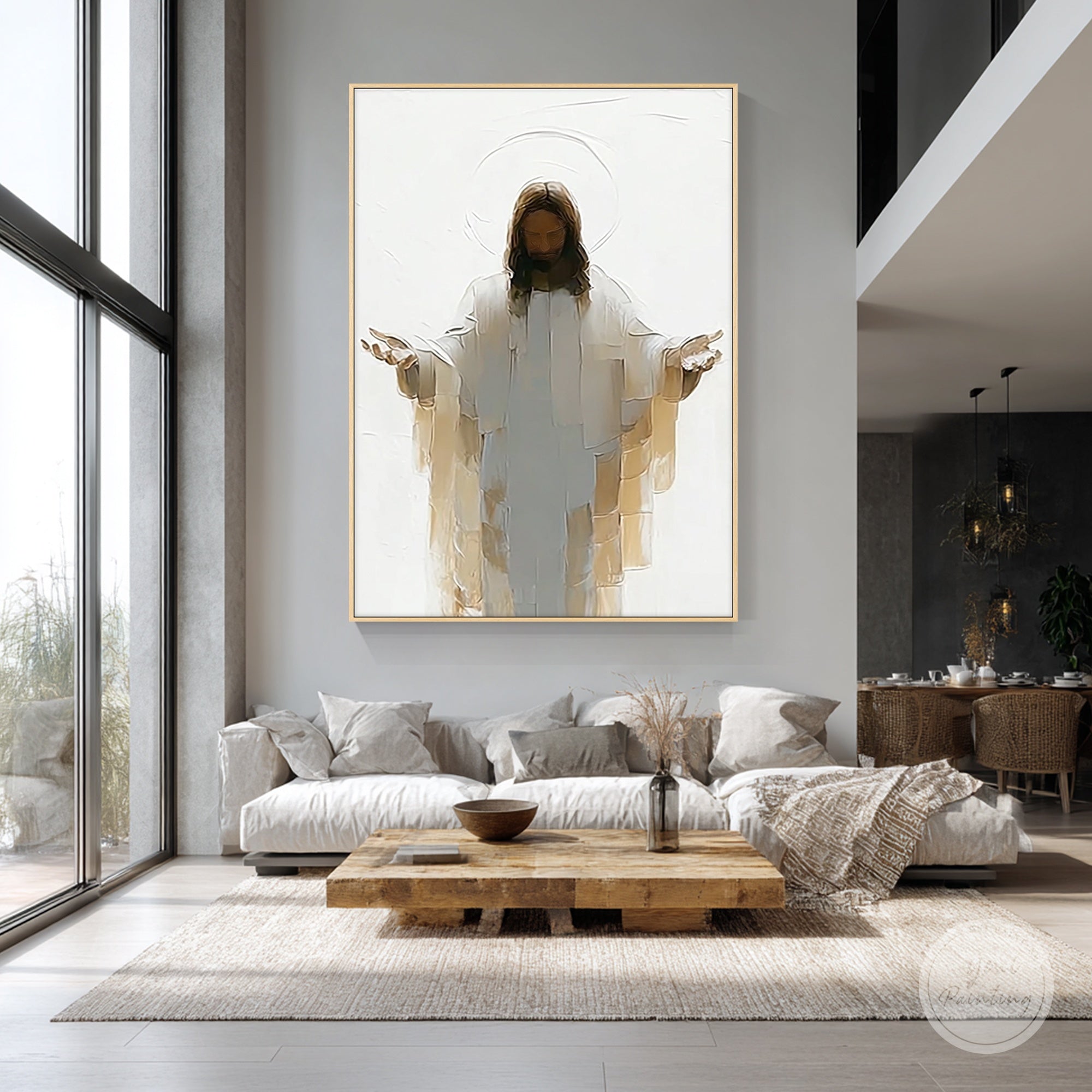 pintura em tela de arte de parede de Jesus, sala de estar neutra acima do sofá