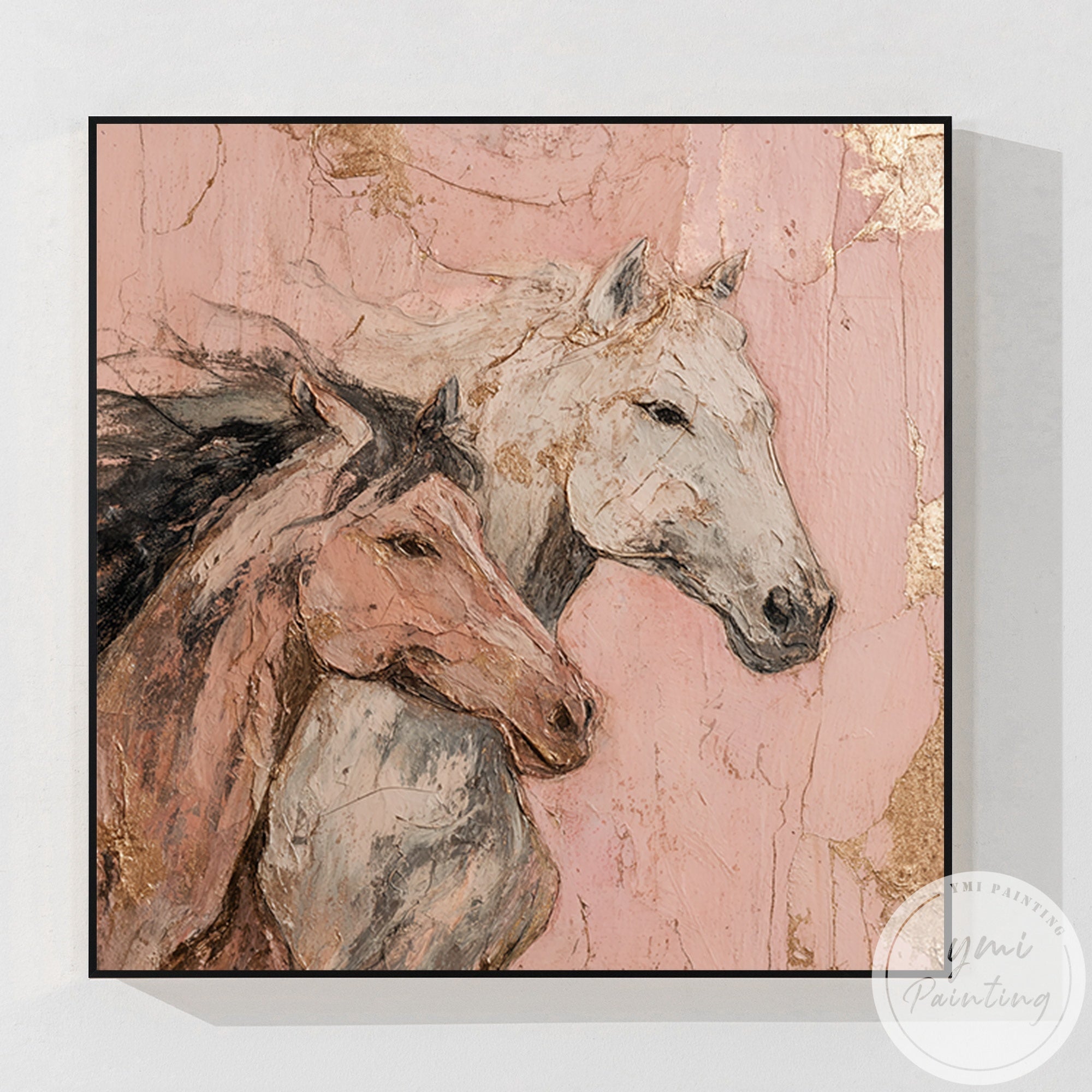 Contemporary equestrian canvas painting with soft pink hues