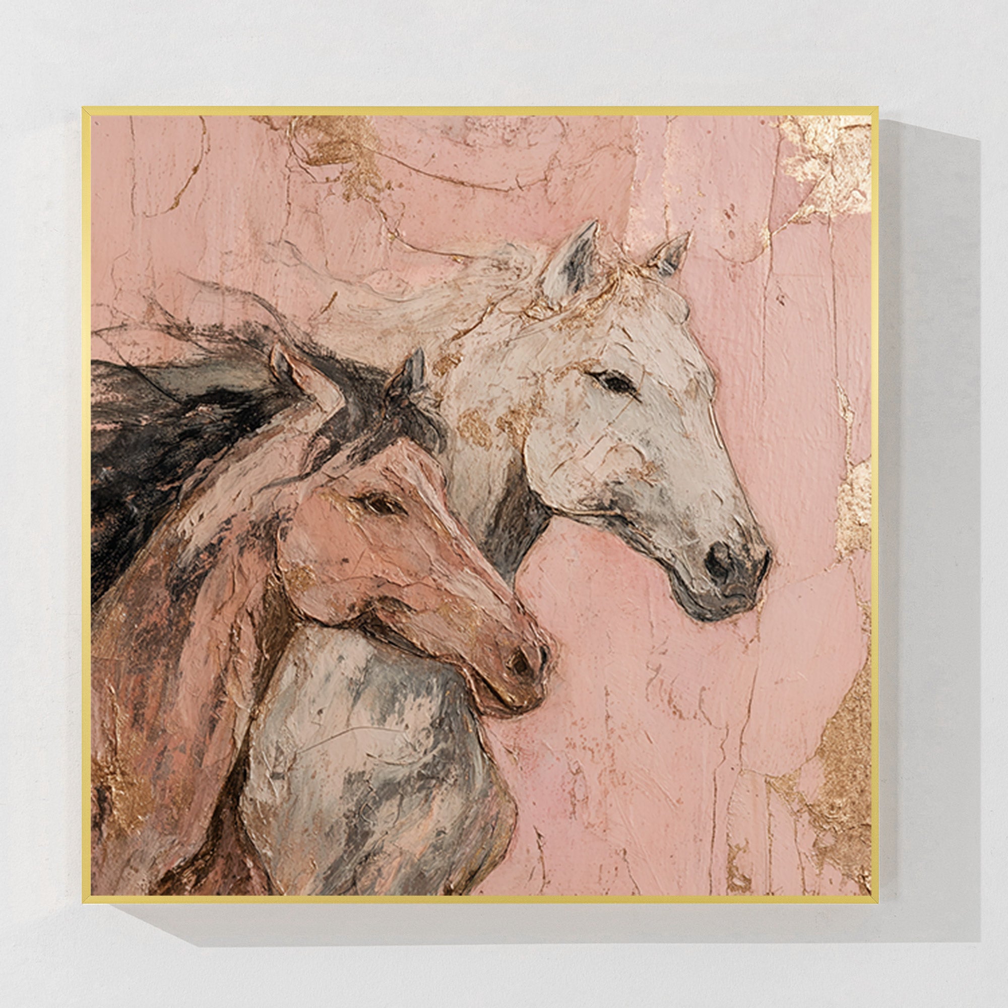 Romantic horse wall art pink gold leaf textured canvas painting