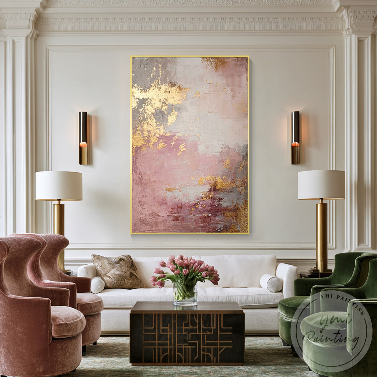 Dusty pink and gray abstract wall art for an elegant bedroom interior