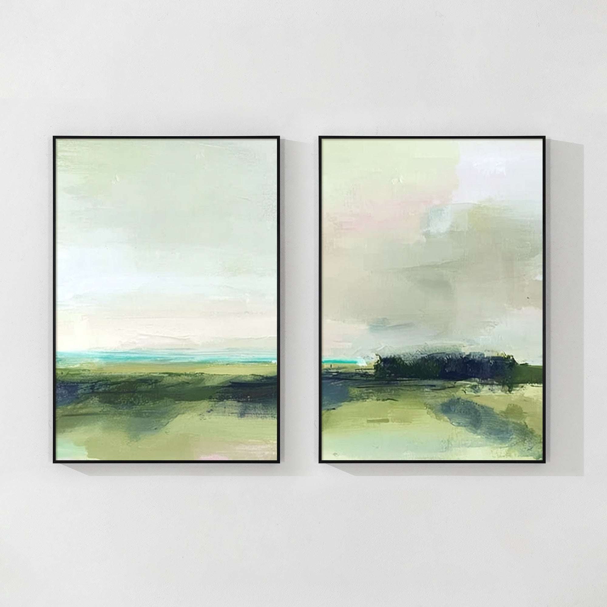 sage green abstract landscape wall art set above living room sofa