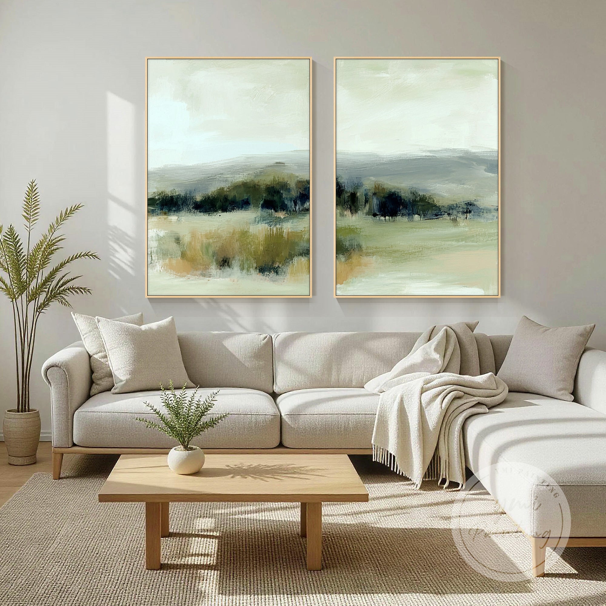 arte de parede em tela díptico azul-sálvia na decoração neutra da sala de jantar