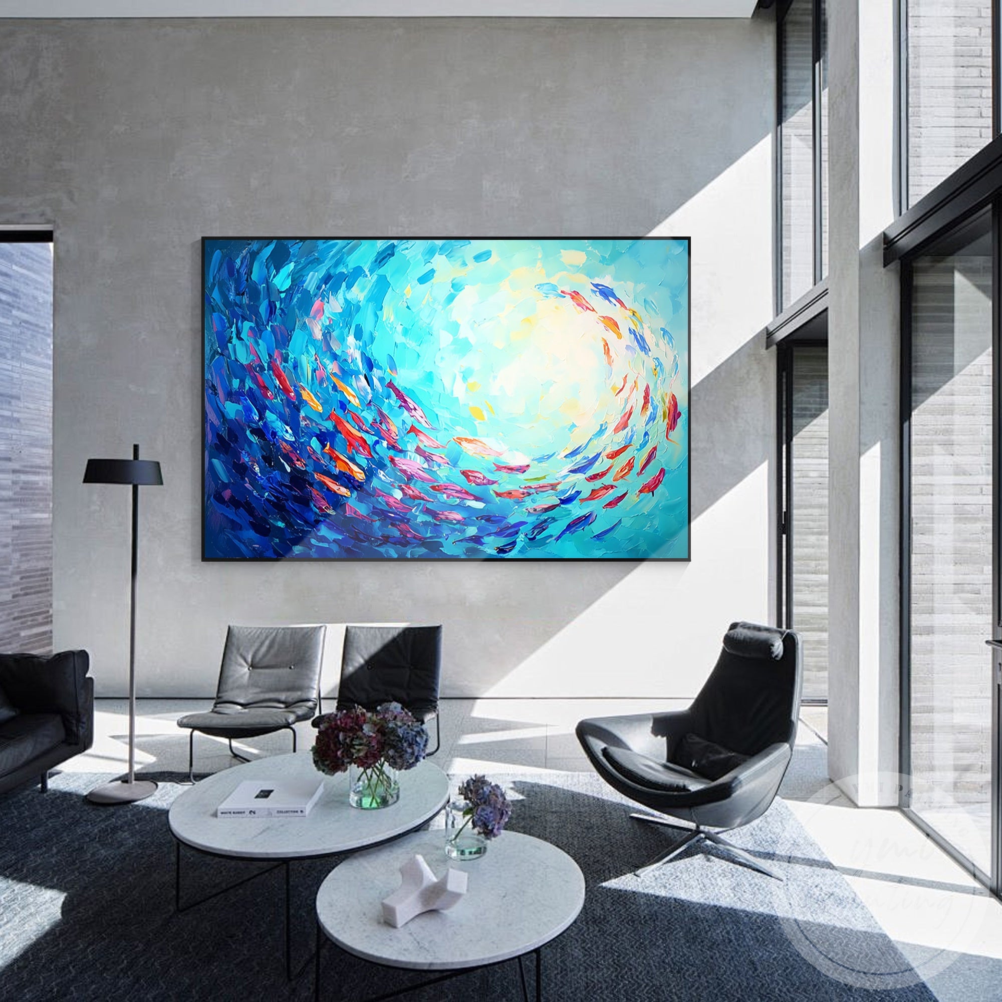 Blue school of fish canvas art for modern living room decor