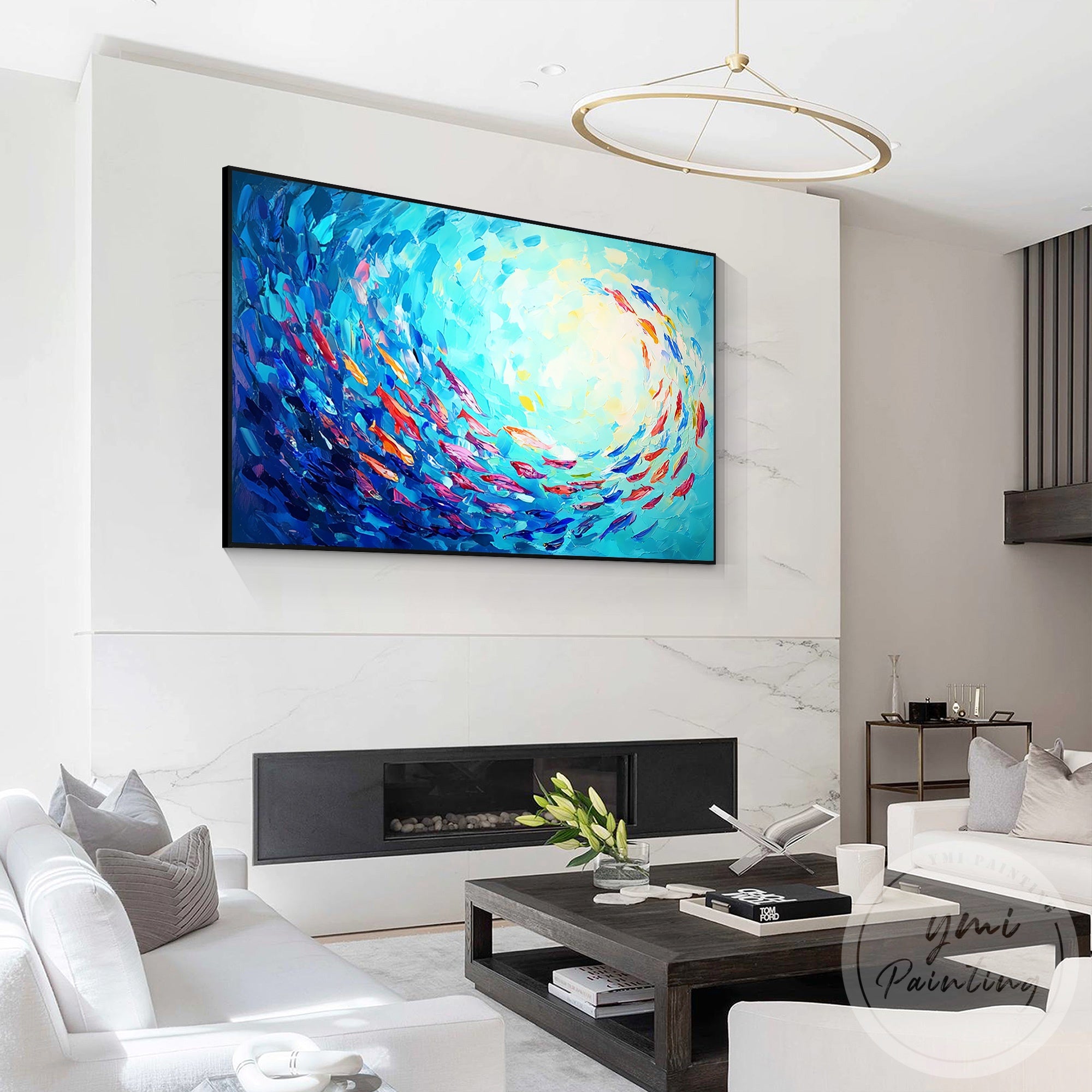 Abstract ocean swirl painting with colorful fish artwork
