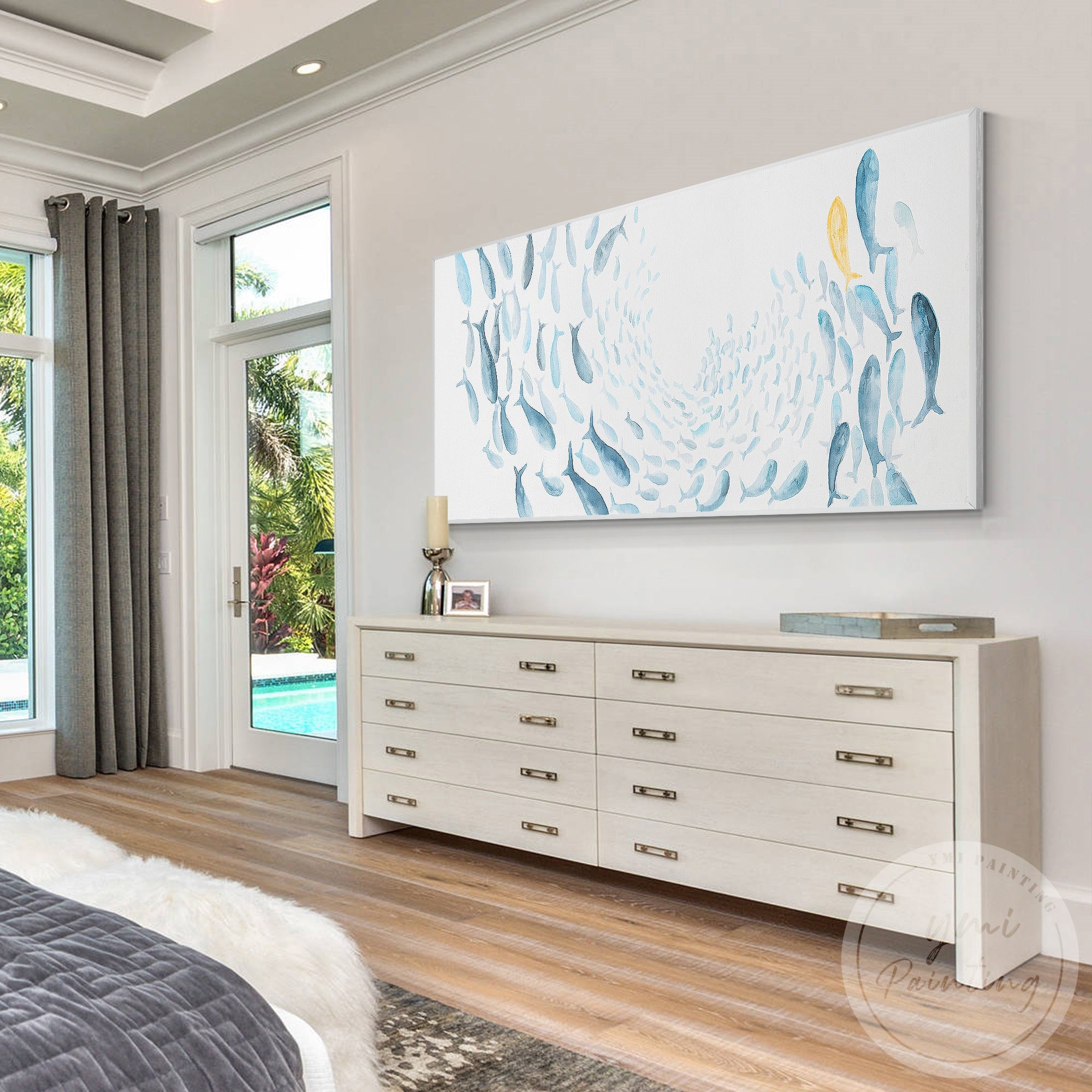 Horizontal school of fish artwork for coastal home interiors