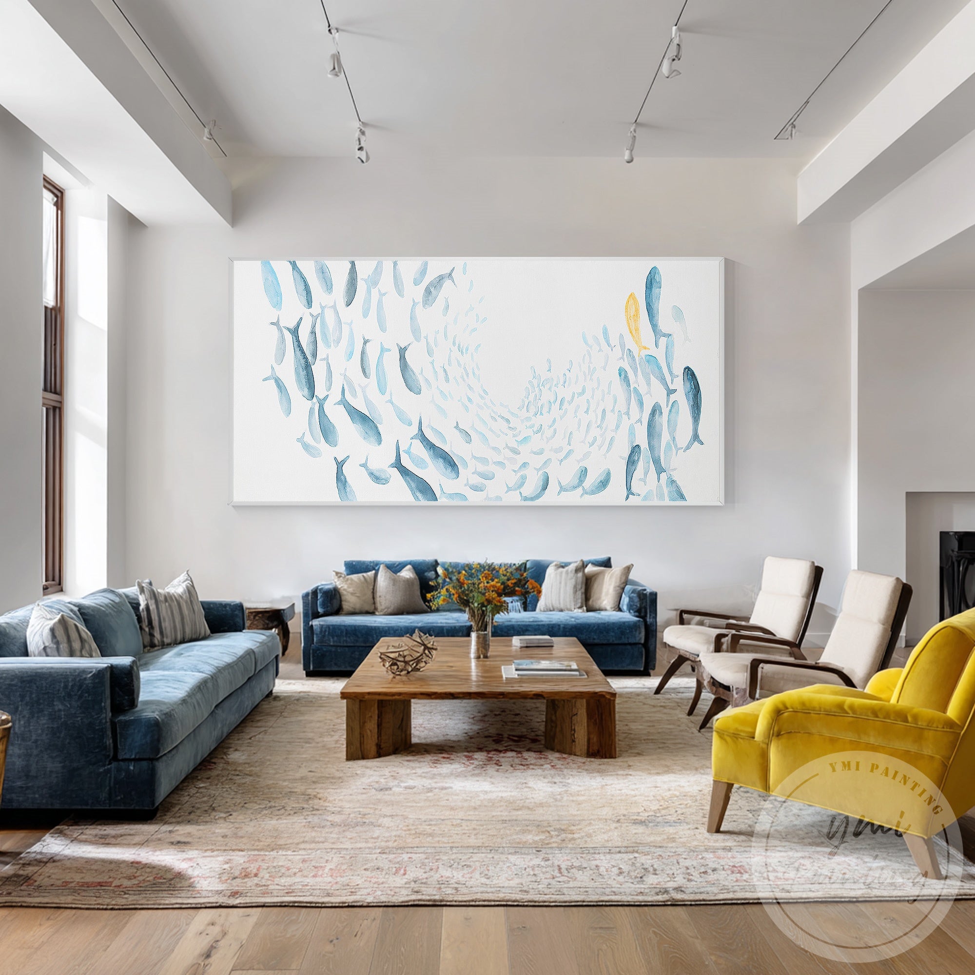 Framed blue fish wall art oversized canvas decoration