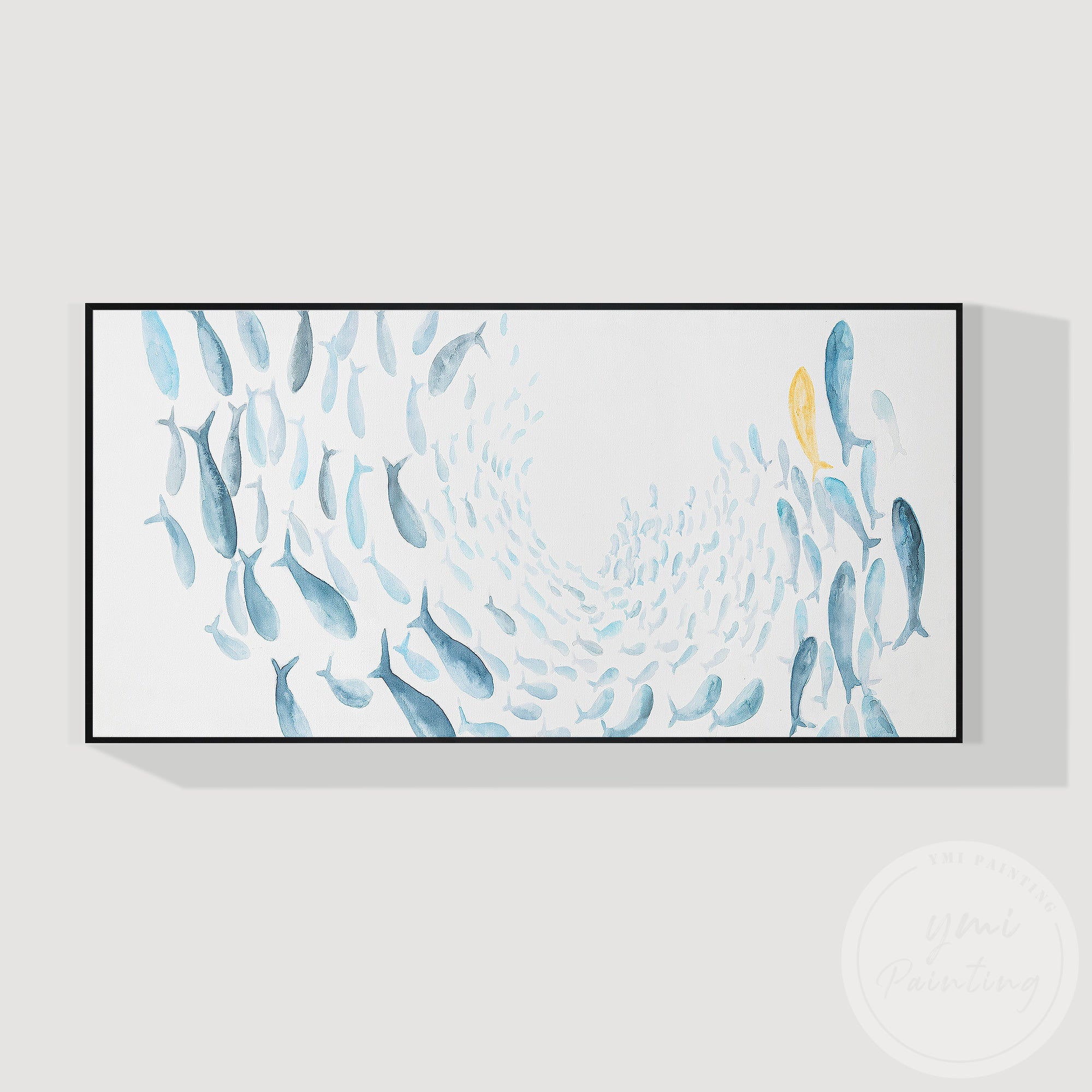 Modern minimalist fish painting with soft blue watercolor tones