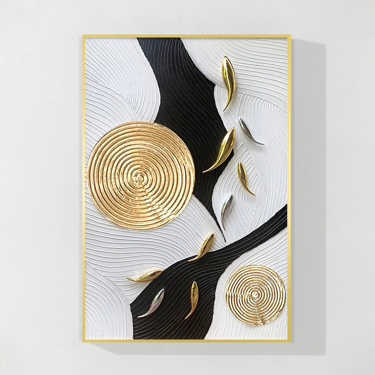 School of gold fish 3D textured black white canvas wall art