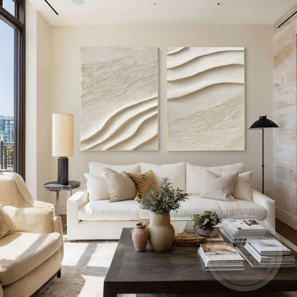 Sculptural sand wave canvas art with organic plaster texture
