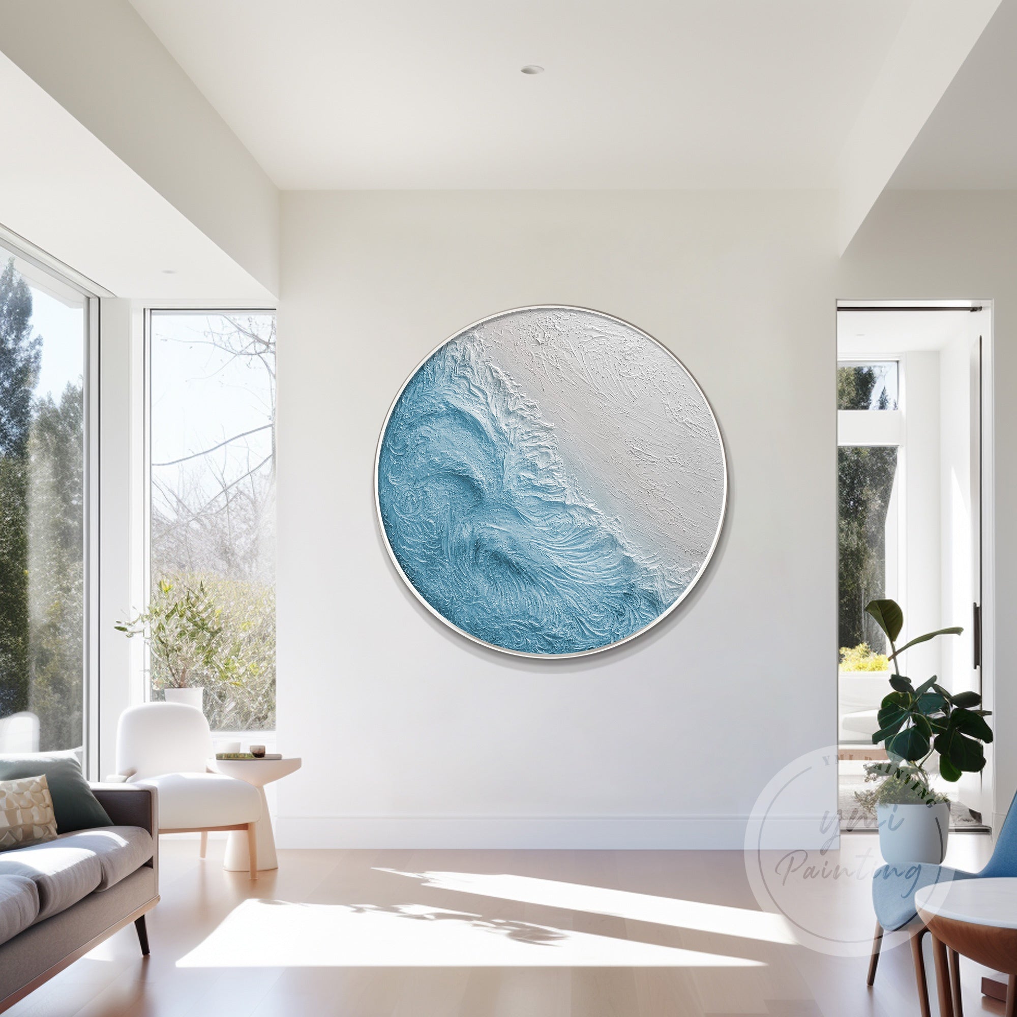Blue abstract painting with layered texture and serene ocean feel