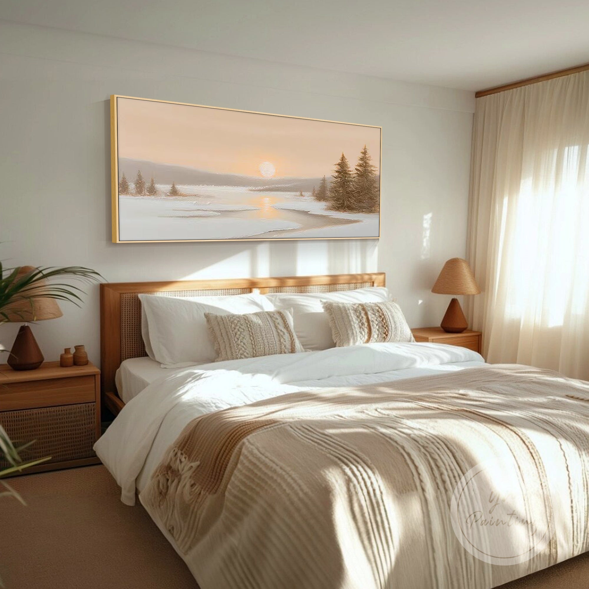 Soft sunrise tree and river canvas wall art for bedroom decor