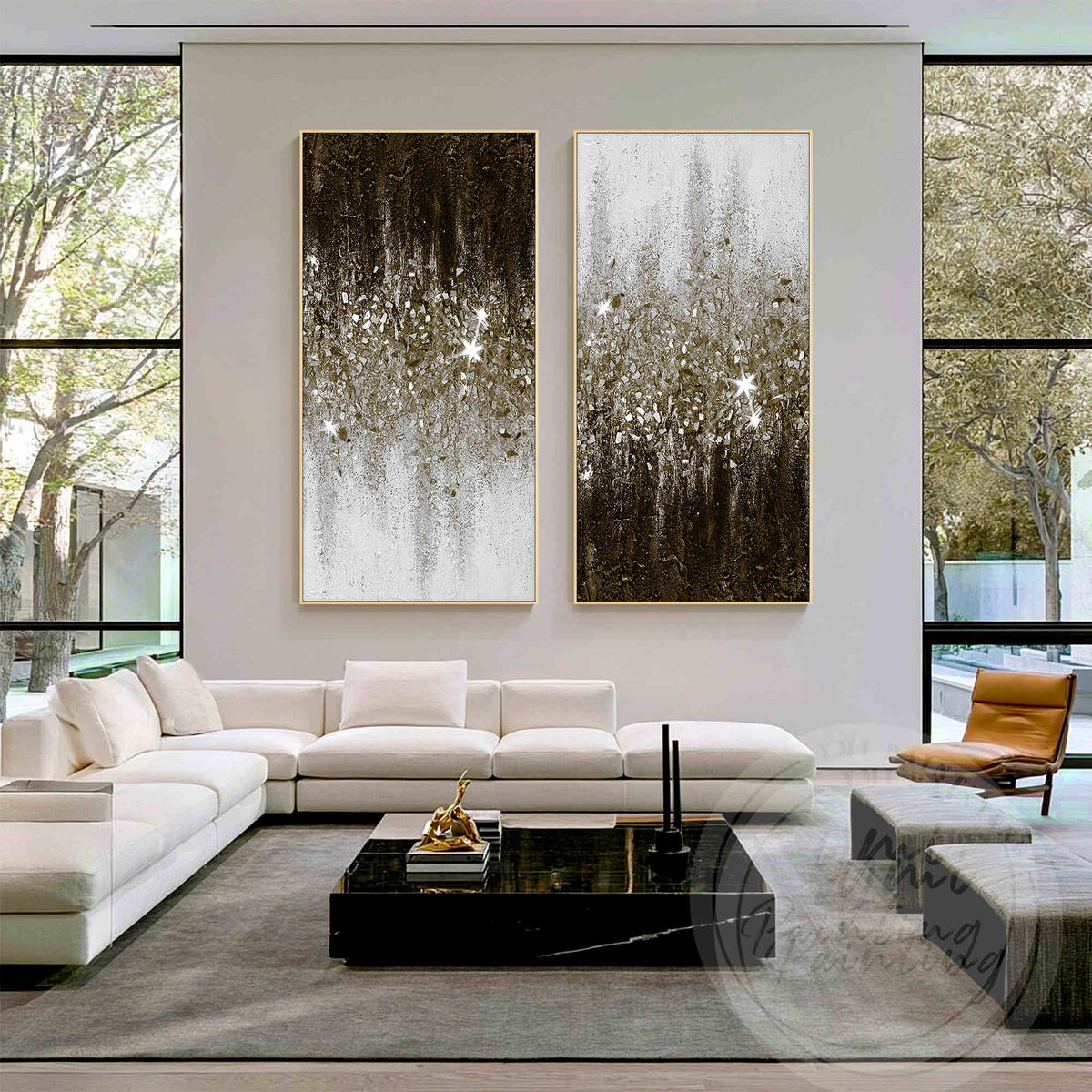 Contemporary crushed glass and silver glitter artwork in warm brown tones