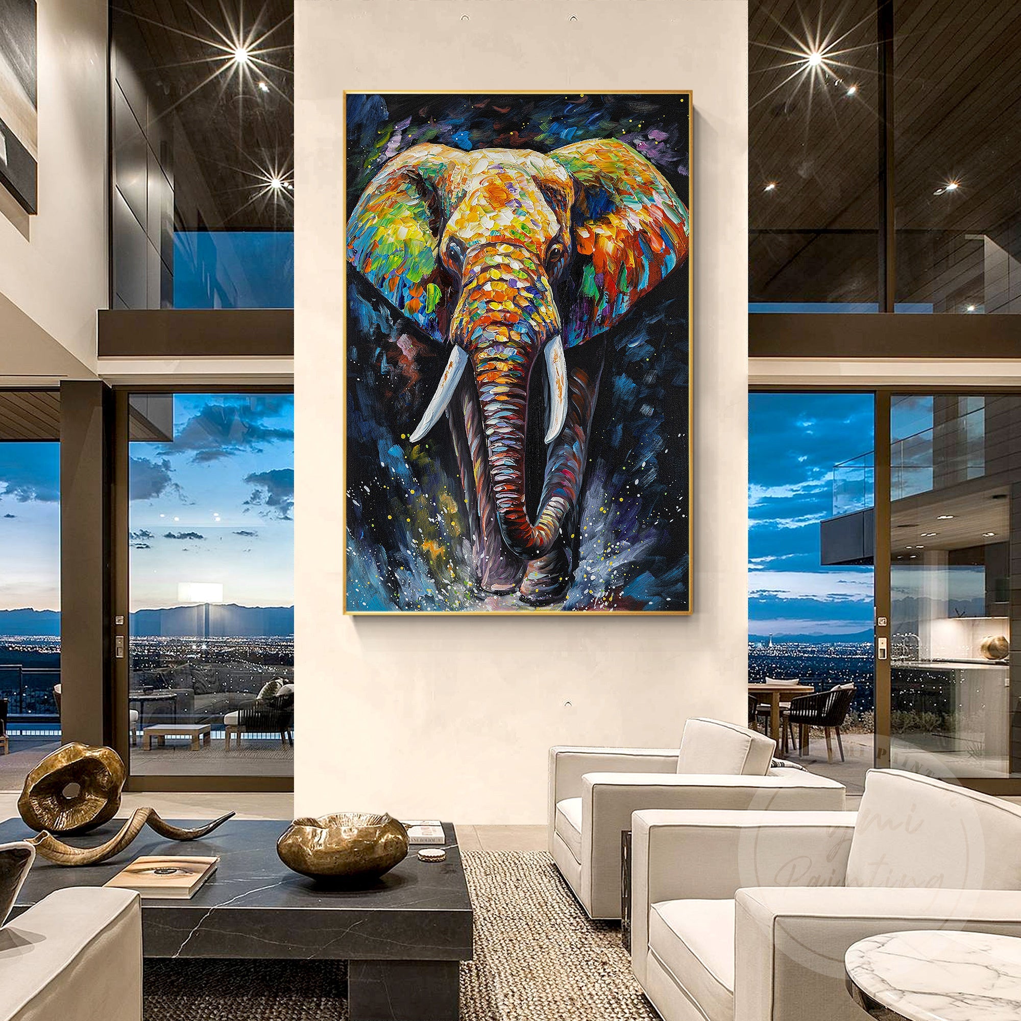Silent, introspective elephant captured in hand-painted art with radiant colors and deep blue tones for a peaceful effect.