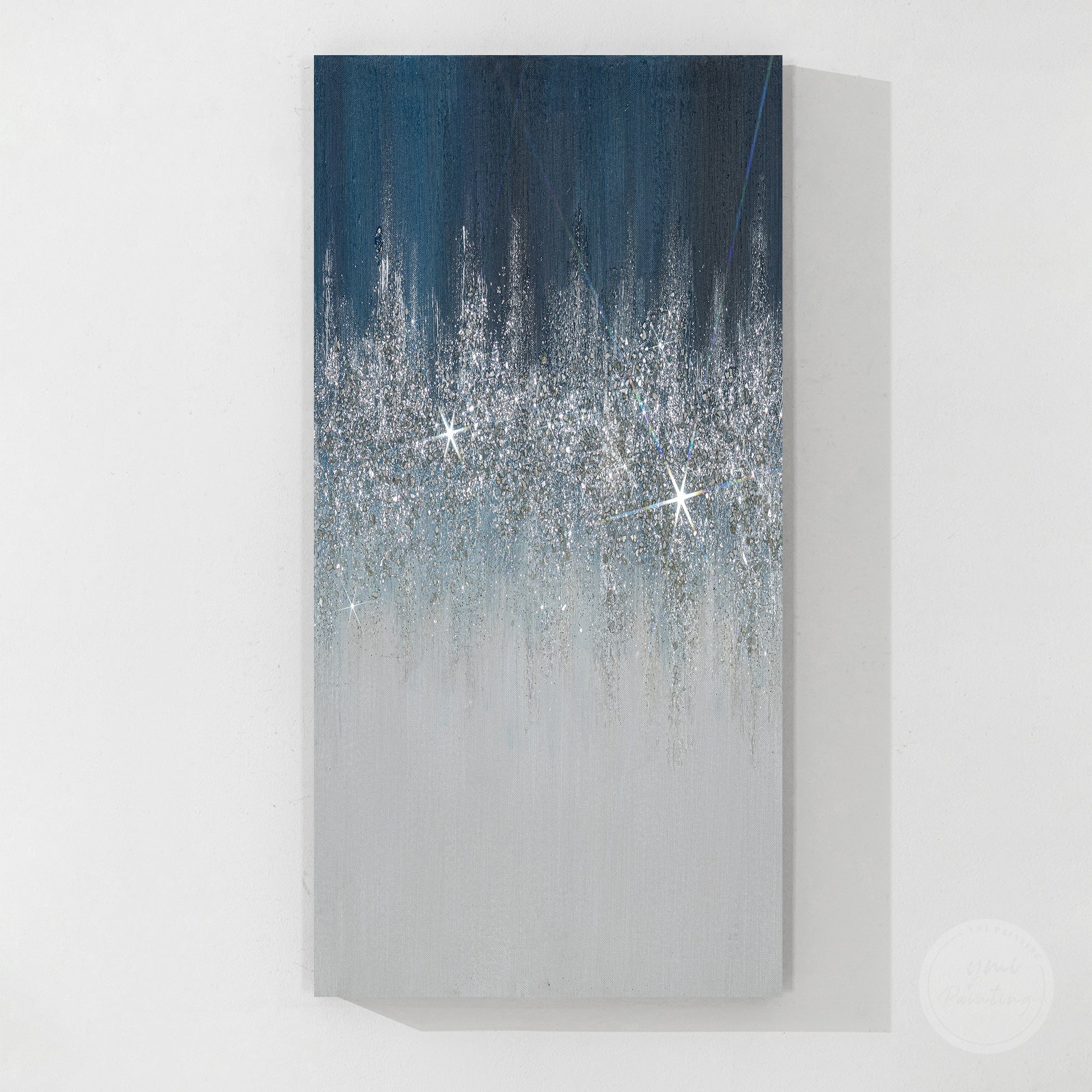 Modern glam wall art featuring navy blue abstract composition, sparkling glitter, and handcrafted texture